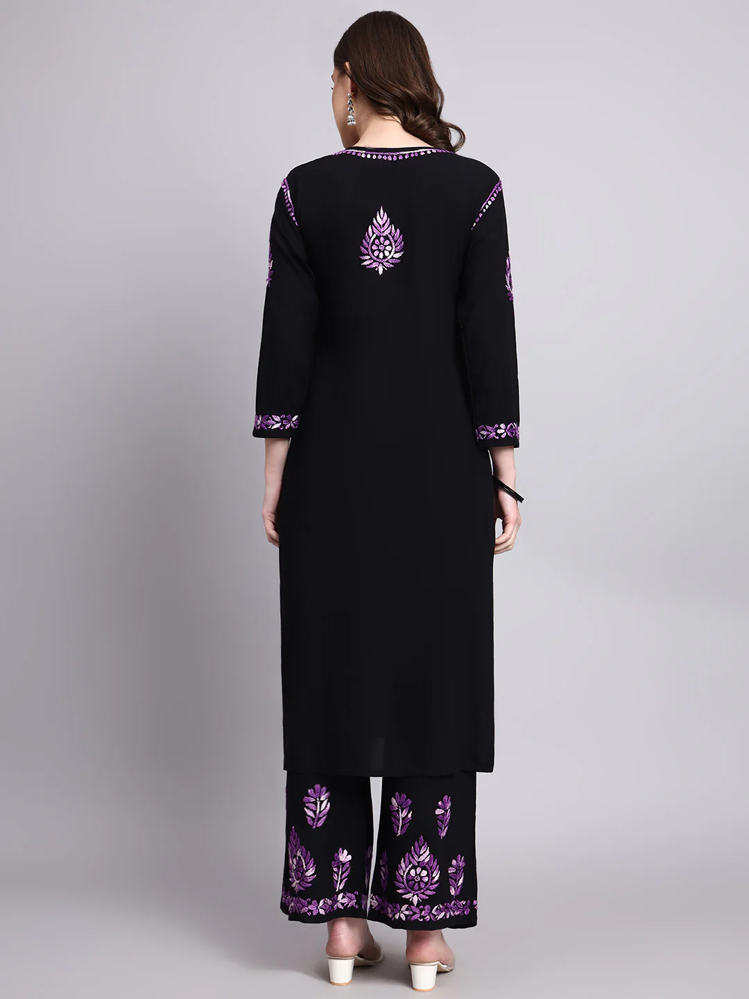 Niya Rayon Chikankari Kurti Palazzo Set - Purple - Image 3