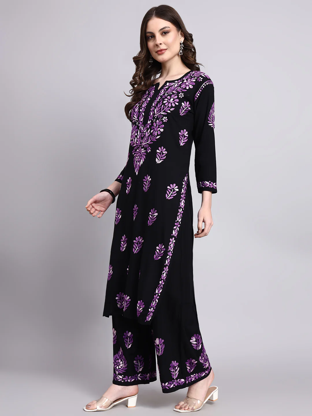 Niya Rayon Chikankari Kurti Palazzo Set - Purple - Image 4