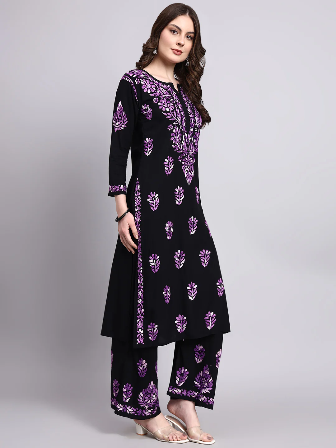 Niya Rayon Chikankari Kurti Palazzo Set - Purple - Image 5