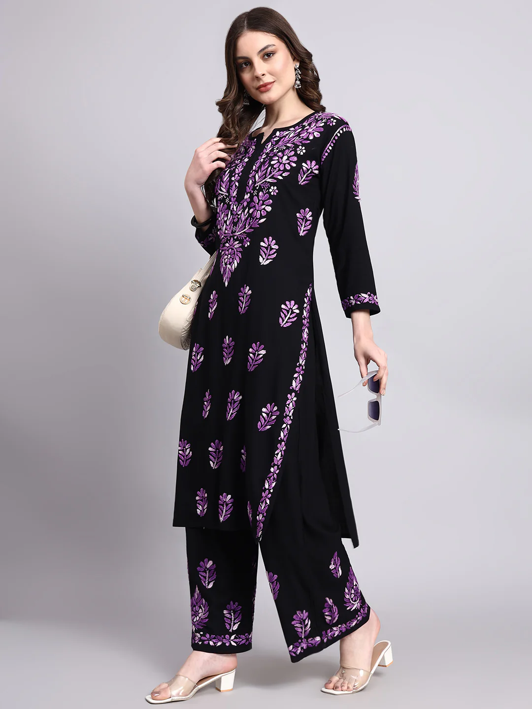 Niya Rayon Chikankari Kurti Palazzo Set - Purple - Image 6