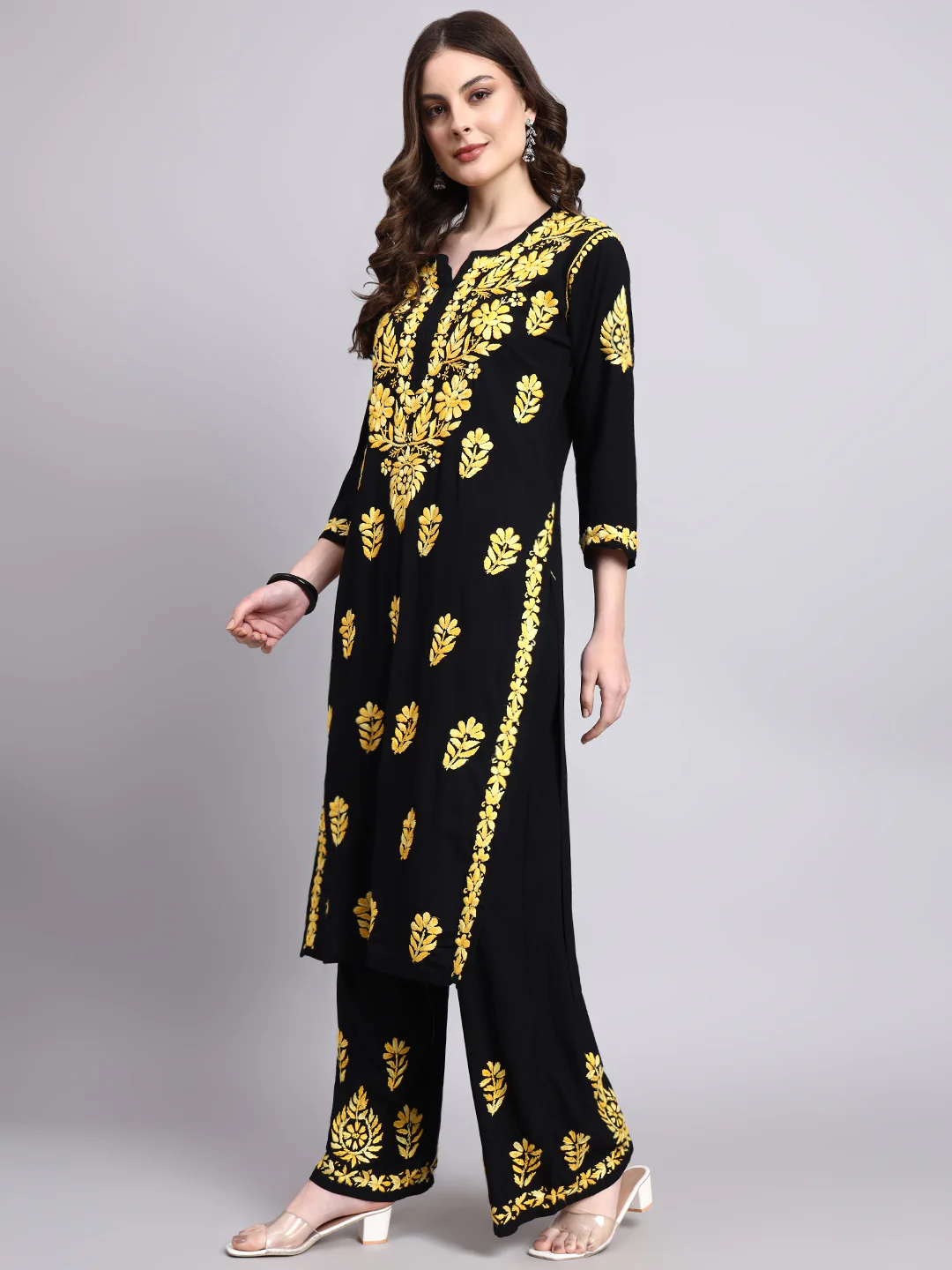 Niya Rayon Chikankari Kurti Palazzo Set - Yellow - Image 4