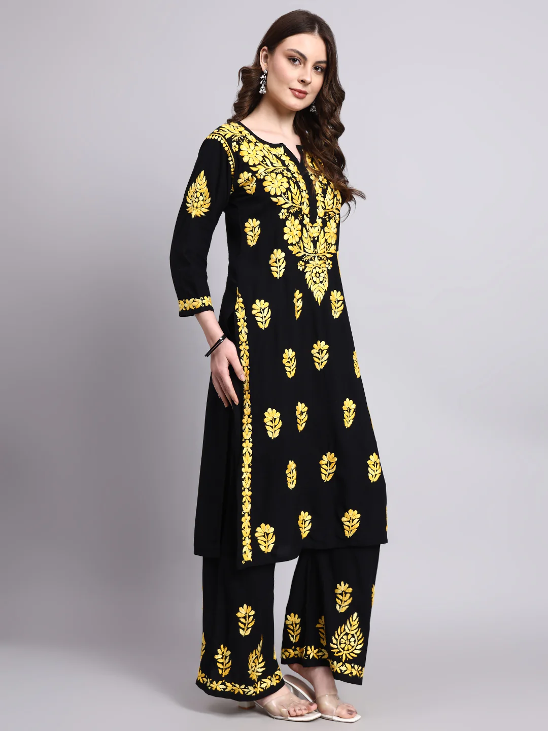 Niya Rayon Chikankari Kurti Palazzo Set - Yellow - Image 5