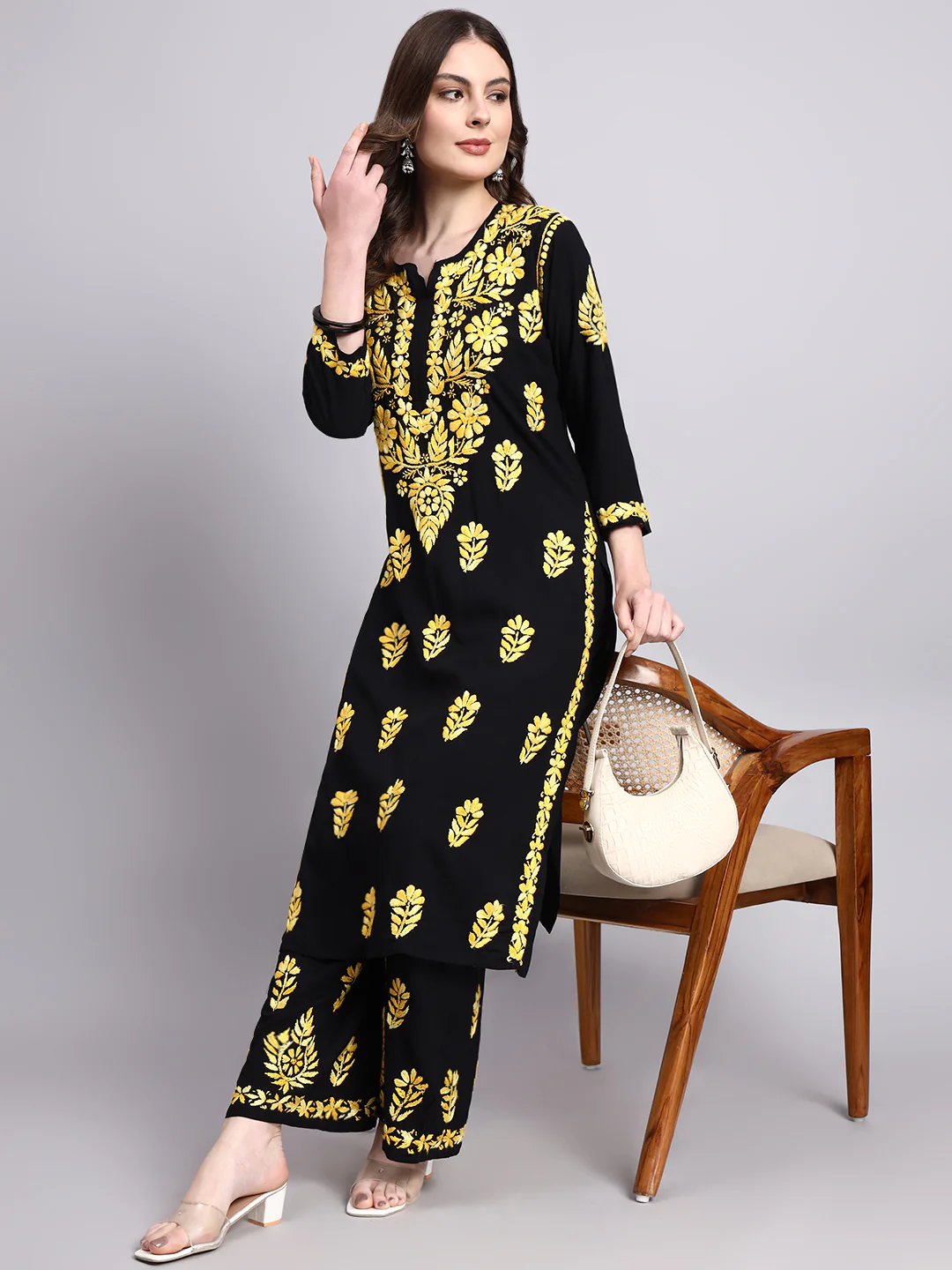 Niya Rayon Chikankari Kurti Palazzo Set - Yellow - Image 6