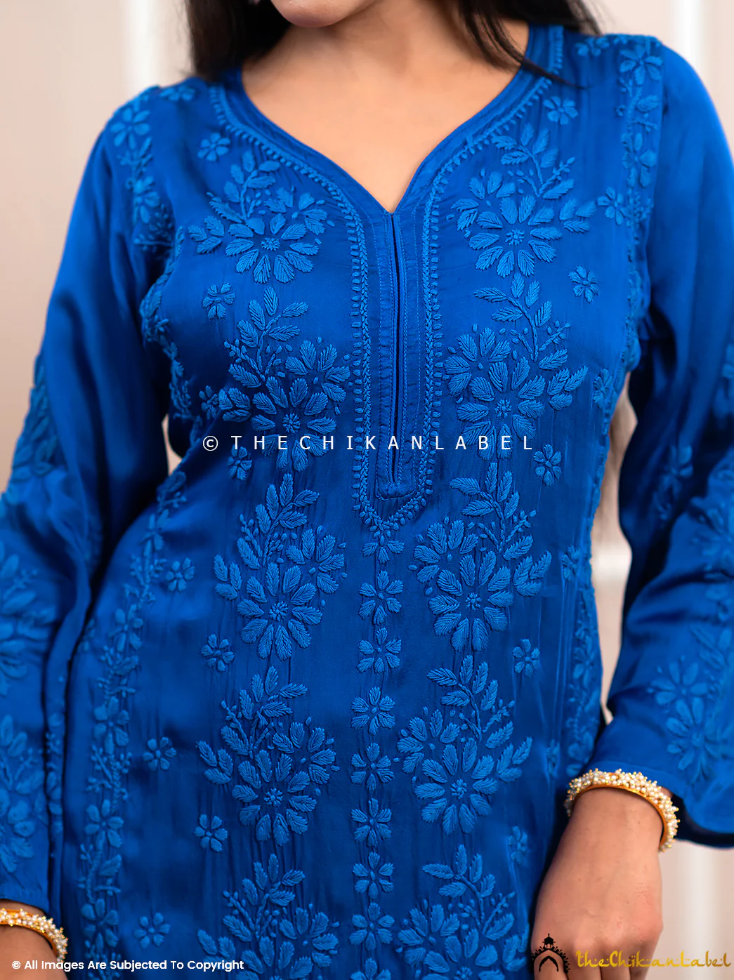 Noor-E-Bahar Blue Satin Modal Chikankari Kurta Set - Image 2
