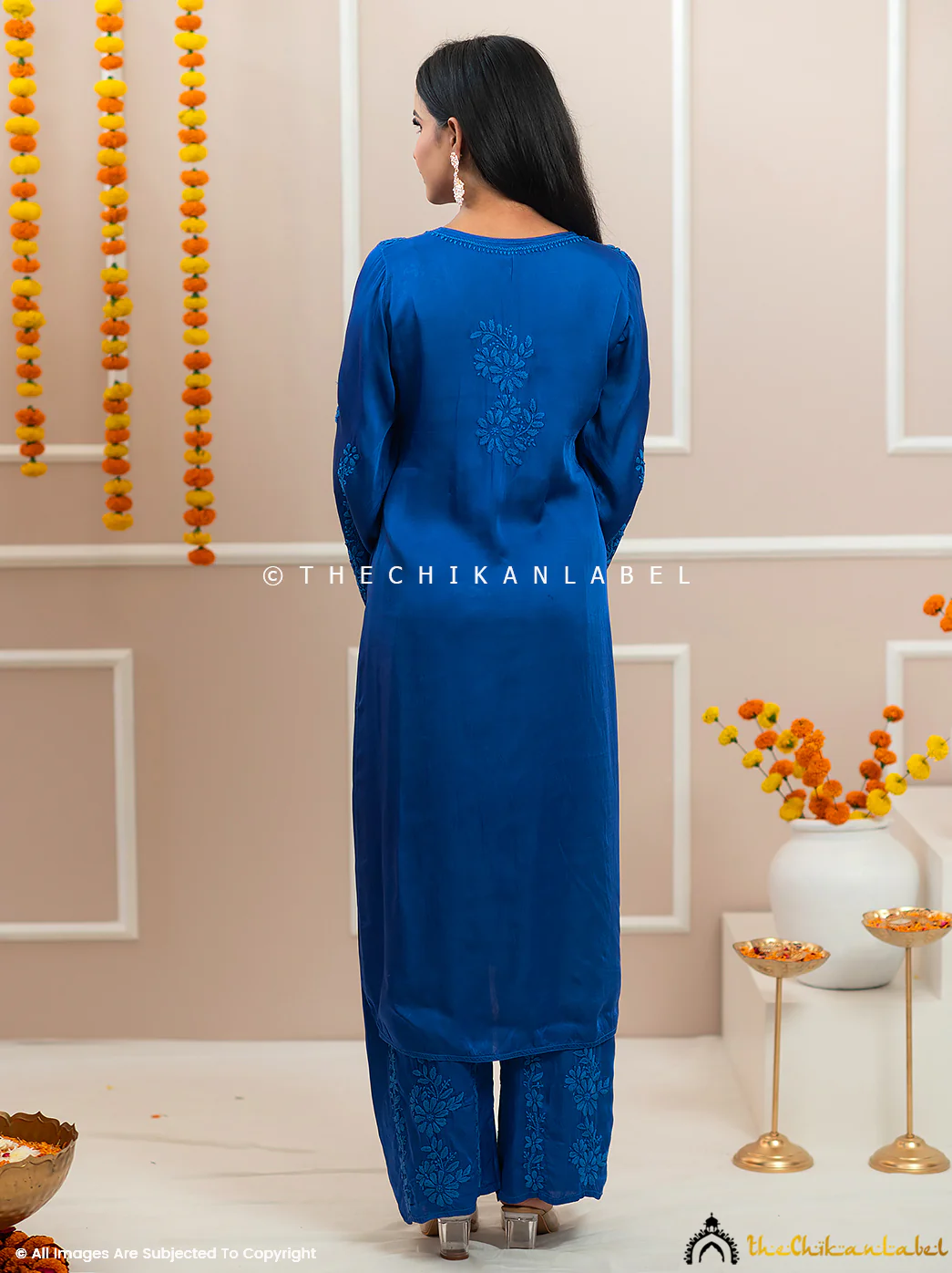 Noor-E-Bahar Blue Satin Modal Chikankari Kurta Set - Image 3