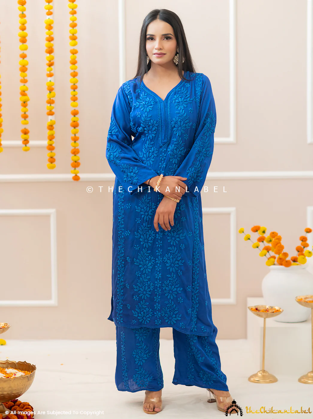 Noor-E-Bahar Blue Satin Modal Chikankari Kurta Set - Image 4
