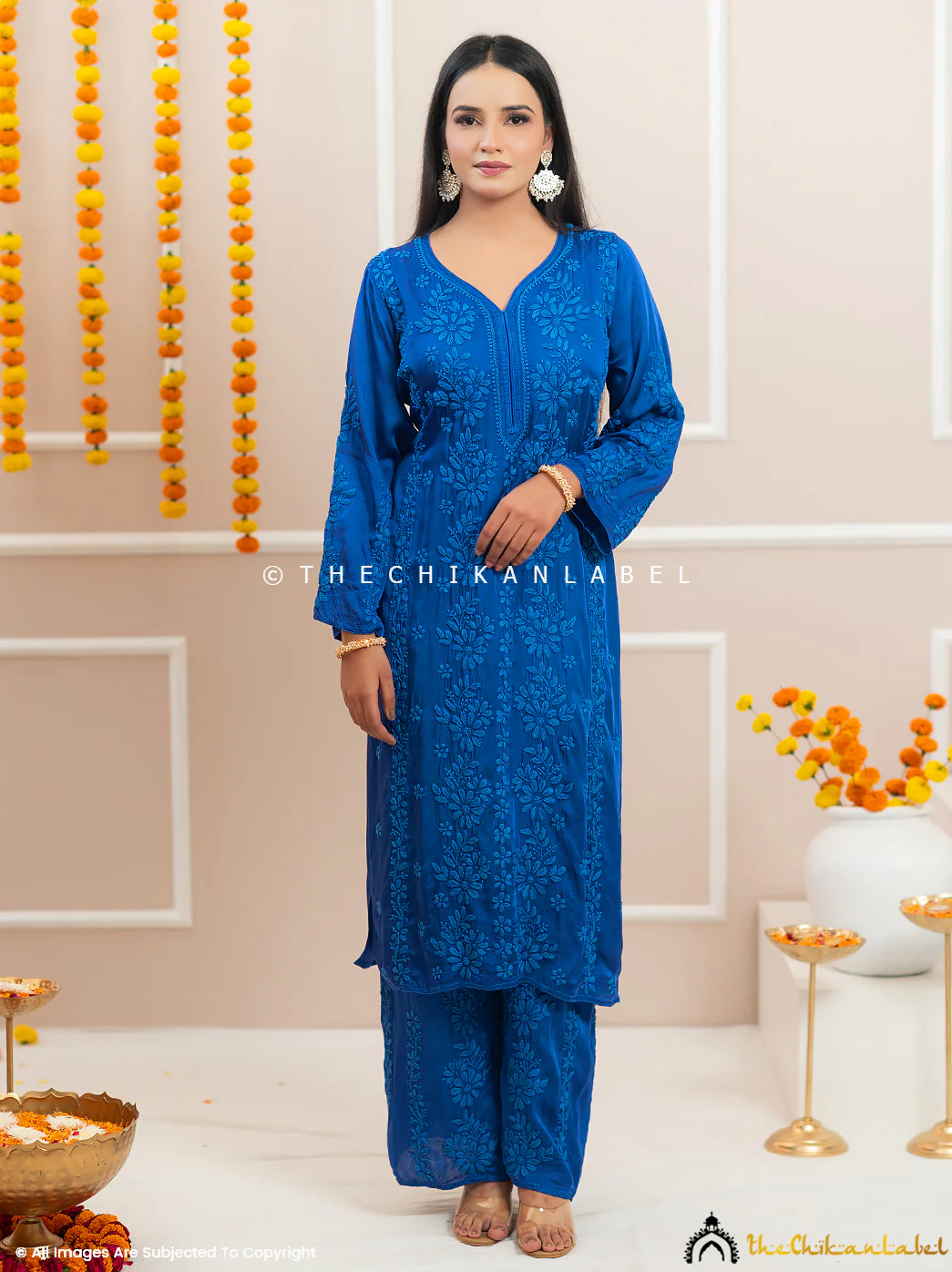 Noor-E-Bahar Blue Satin Modal Chikankari Kurta Set - Image 5