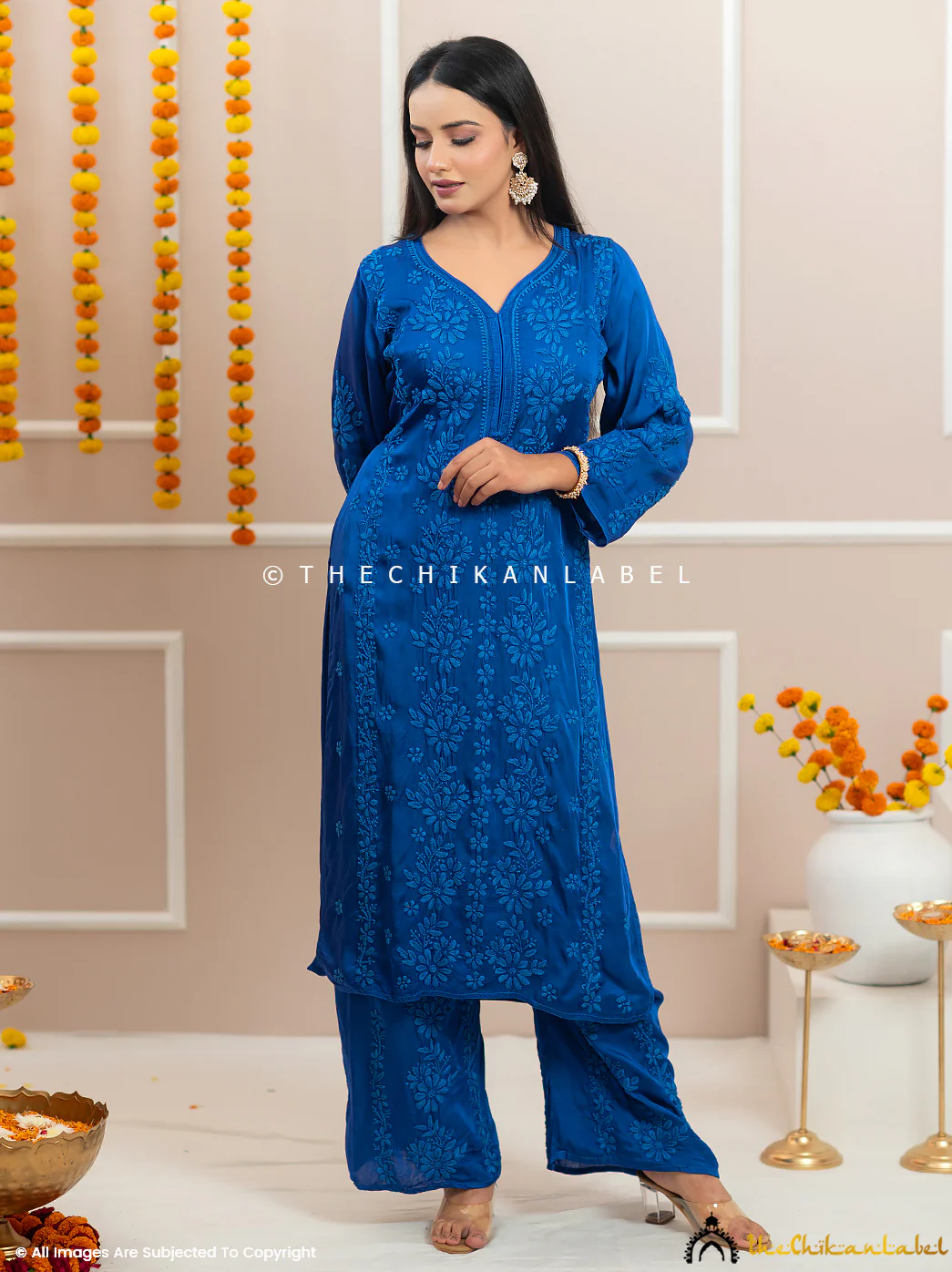 Noor-E-Bahar Blue Satin Modal Chikankari Kurta Set - Image 6