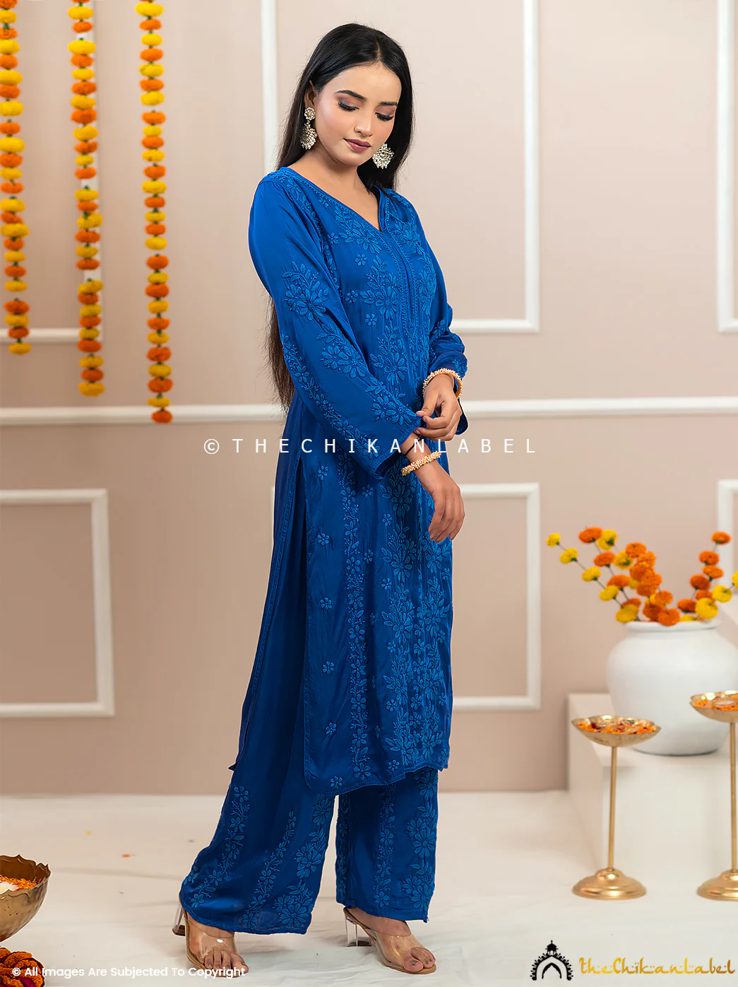 Noor-E-Bahar Blue Satin Modal Chikankari Kurta Set - Image 7