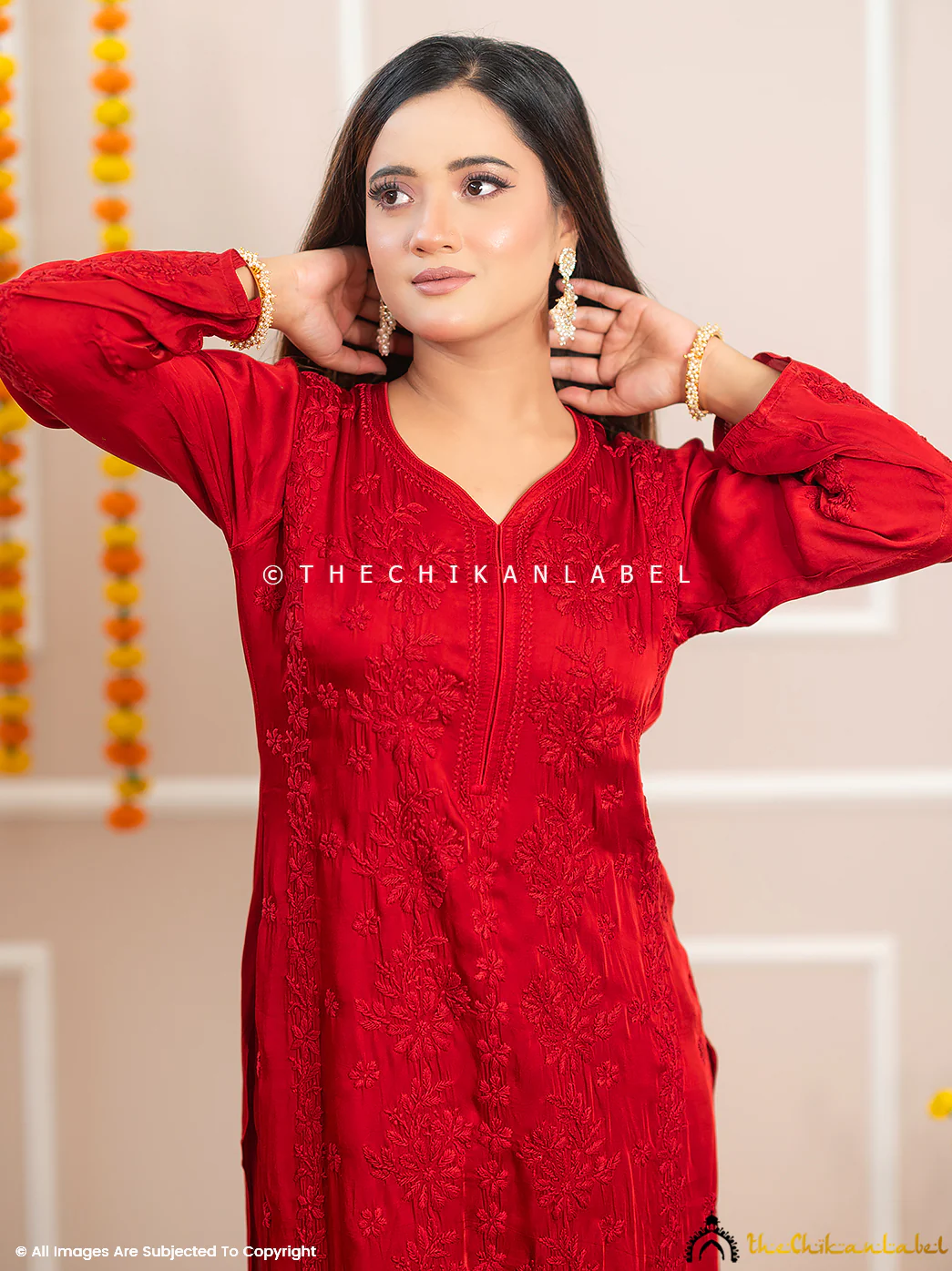 Noor-E-Bahar Maroon Satin Modal Chikankari Kurta Set - Image 2