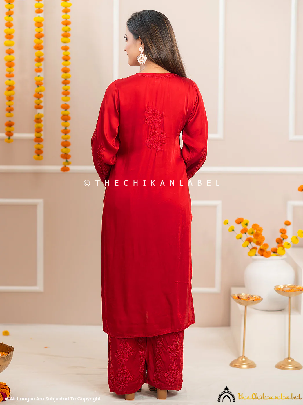 Noor-E-Bahar Maroon Satin Modal Chikankari Kurta Set - Image 3