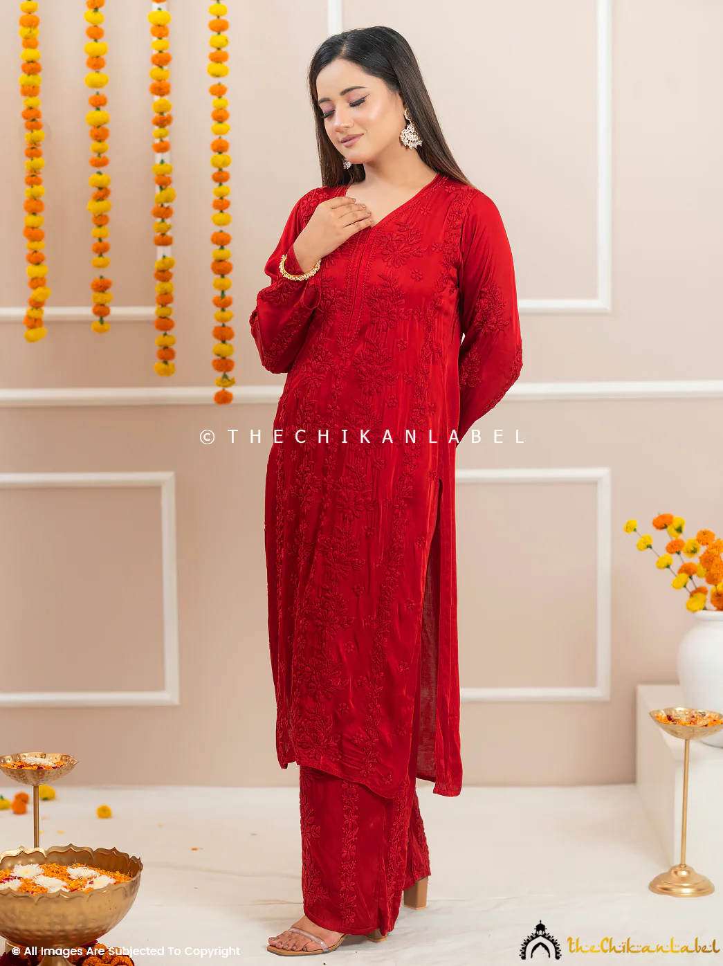 Noor-E-Bahar Maroon Satin Modal Chikankari Kurta Set - Image 4