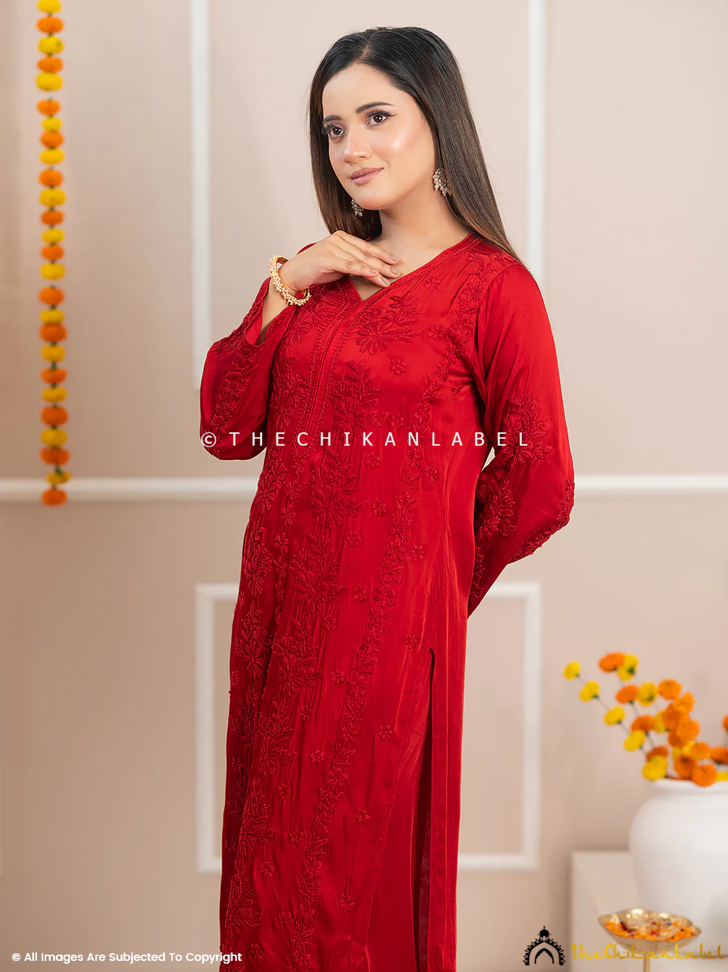 Noor-E-Bahar Maroon Satin Modal Chikankari Kurta Set - Image 5