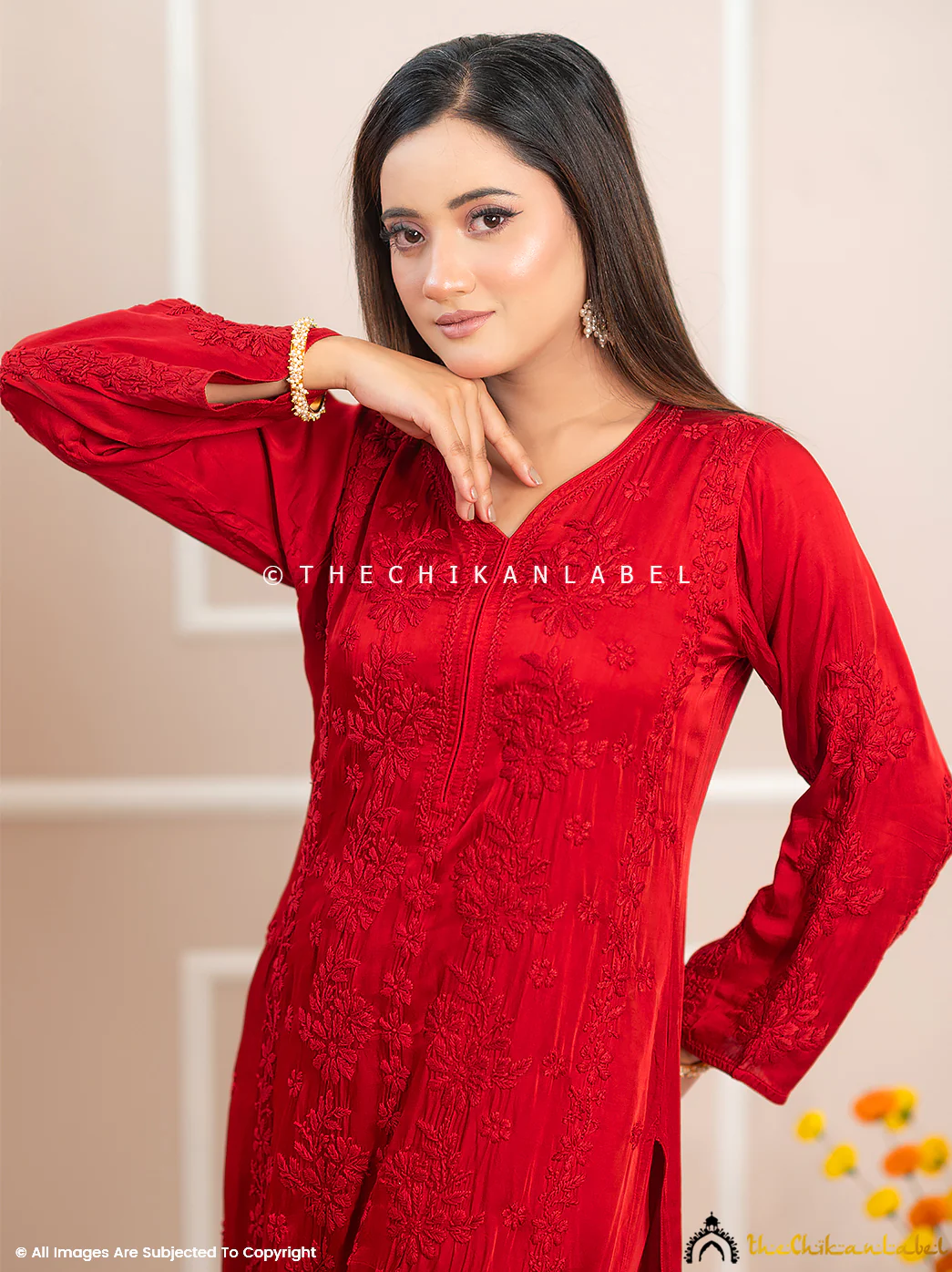 Noor-E-Bahar Maroon Satin Modal Chikankari Kurta Set - Image 6