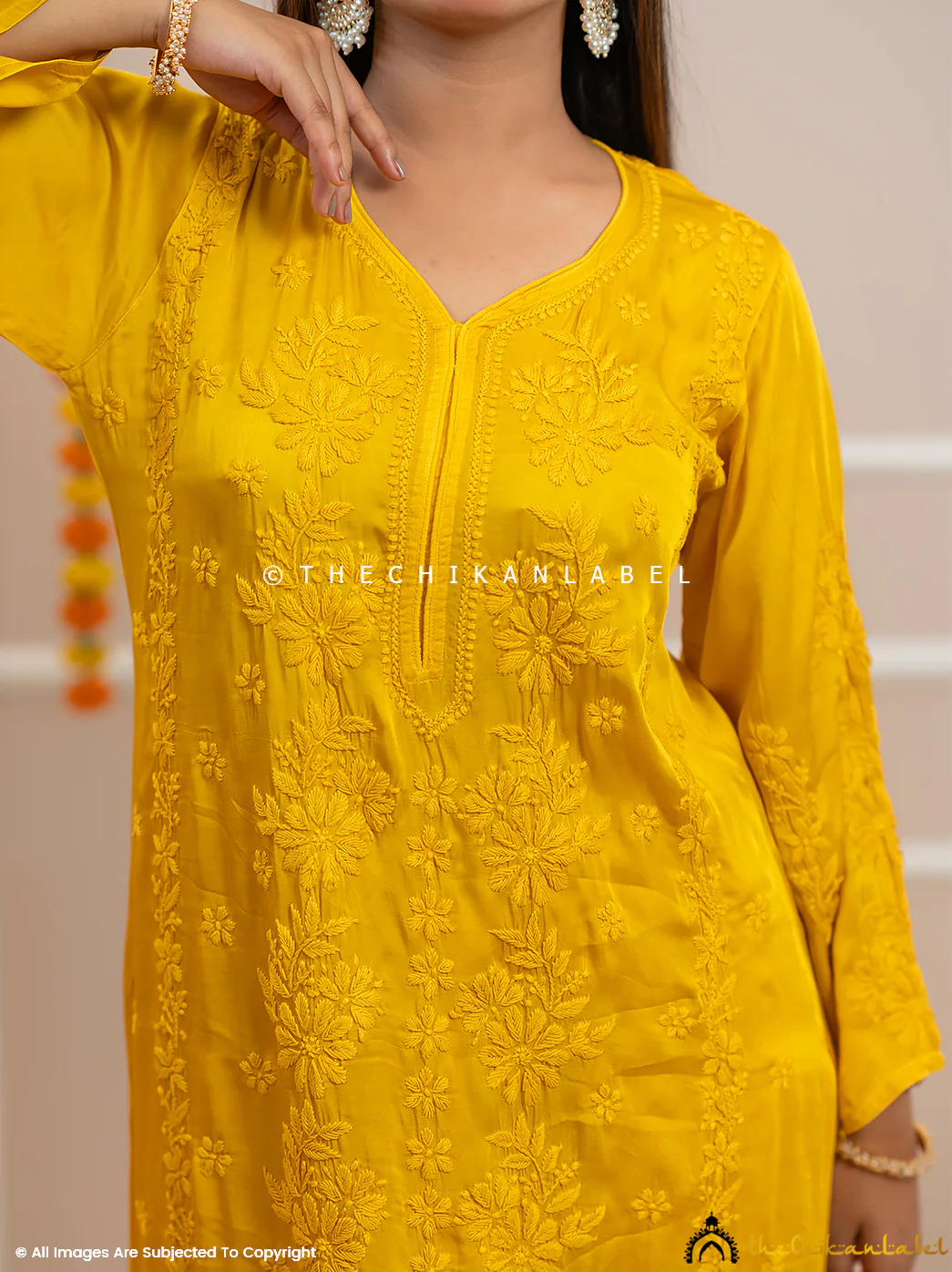 Noor-E-Bahar Yellow Satin Modal Chikankari Kurta Set - Image 2
