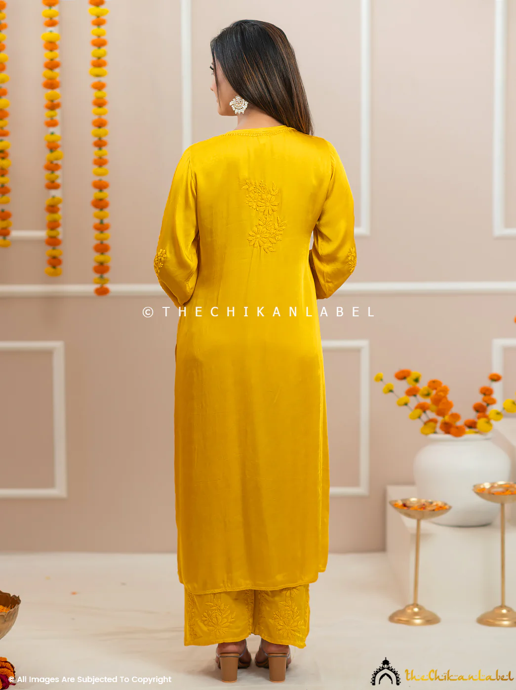 Noor-E-Bahar Yellow Satin Modal Chikankari Kurta Set - Image 3