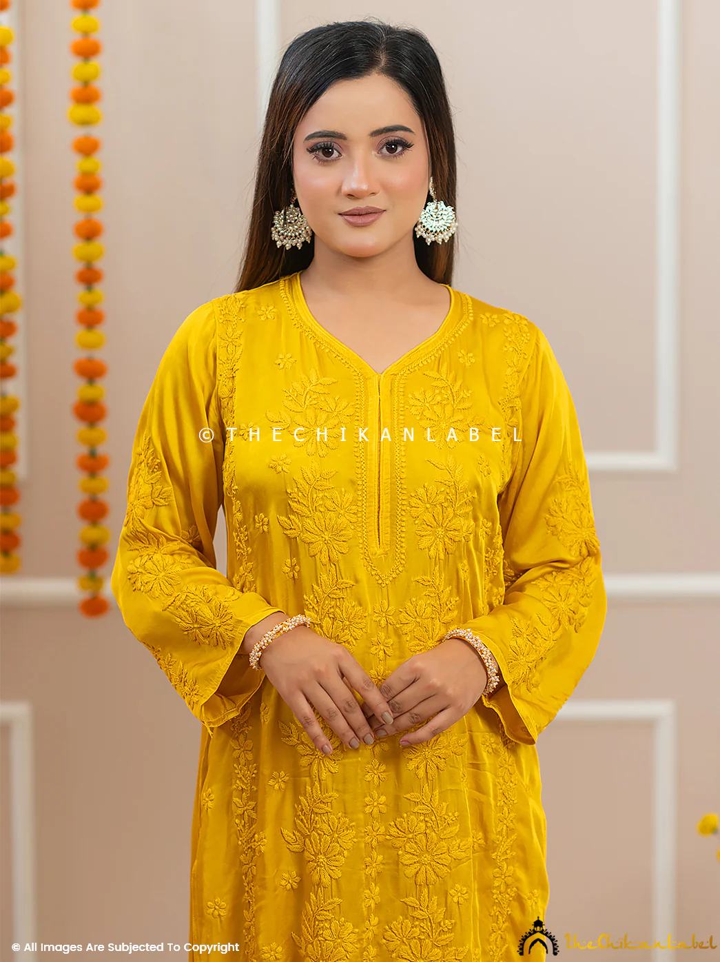 Noor-E-Bahar Yellow Satin Modal Chikankari Kurta Set - Image 4