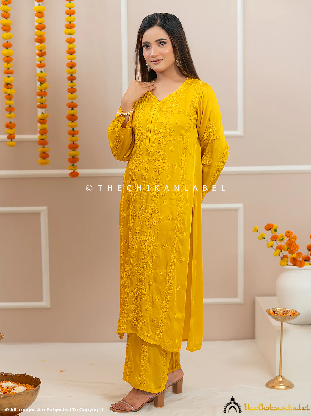 Noor-E-Bahar Yellow Satin Modal Chikankari Kurta Set - Image 5