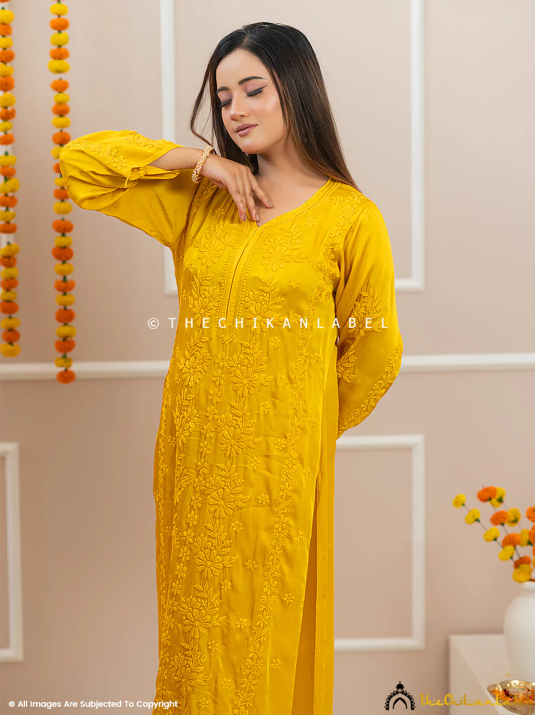Noor-E-Bahar Yellow Satin Modal Chikankari Kurta Set - Image 6