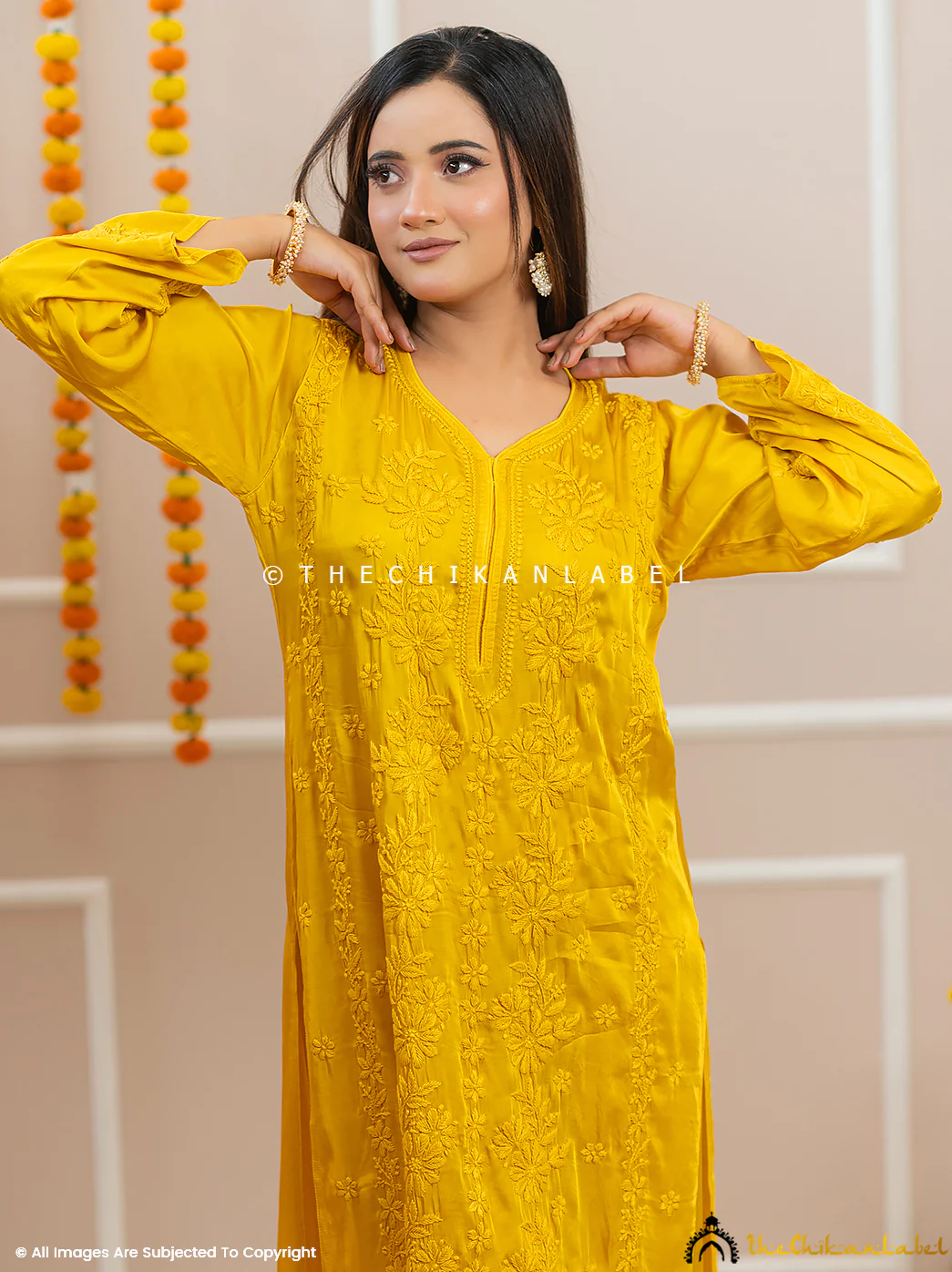 Noor-E-Bahar Yellow Satin Modal Chikankari Kurta Set - Image 7
