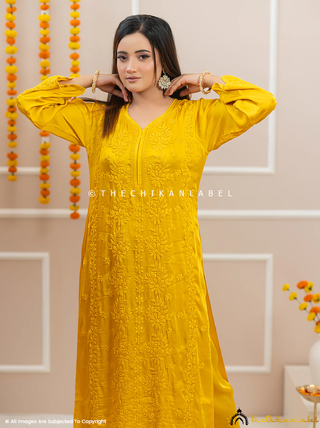 Noor-E-Bahar Yellow Satin Modal Chikankari Kurta Set - Image 8
