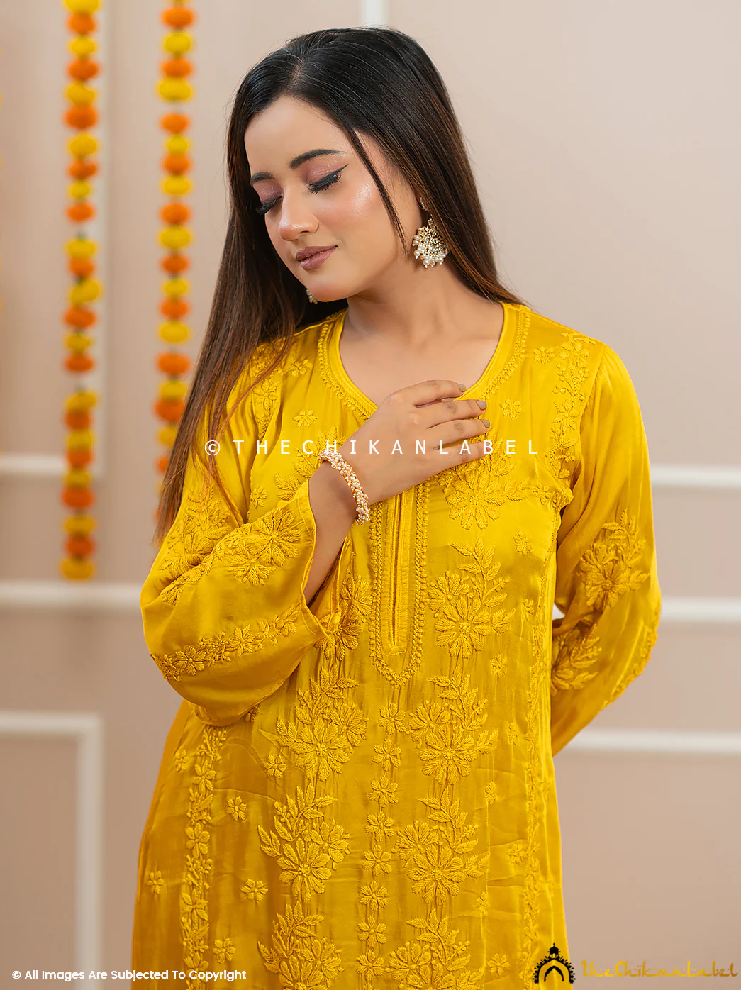 Noor-E-Bahar Yellow Satin Modal Chikankari Kurta Set - Image 9