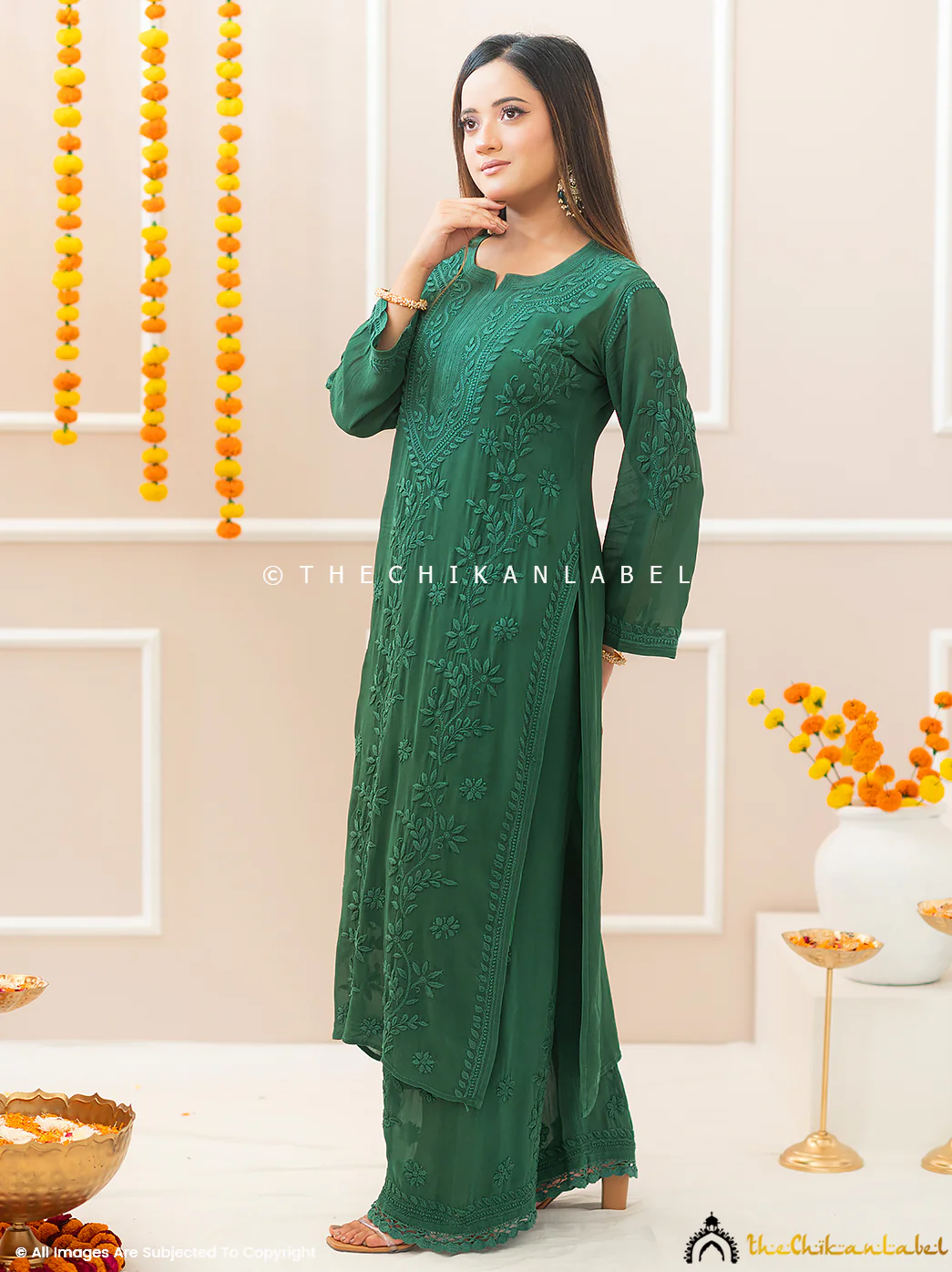 Noor-E-Chikan Green Viscose Chikankari Kurta Set - Image 5