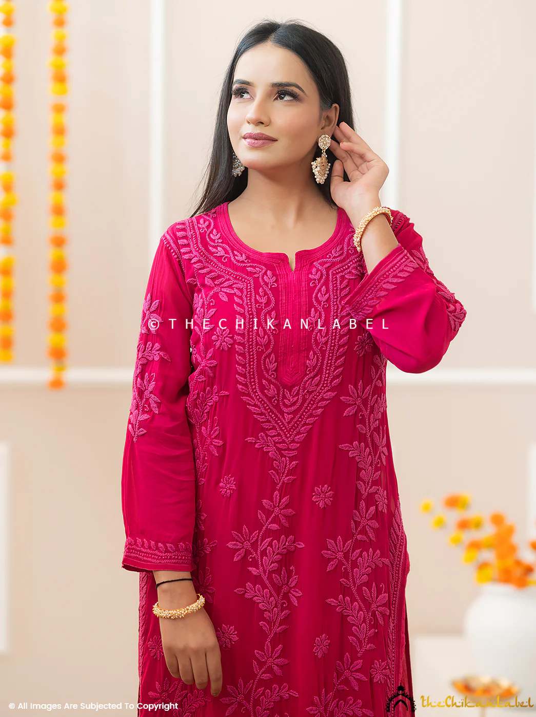 Noor-E-Chikan Hot Pink Viscose Chikankari Kurta Set - Image 2