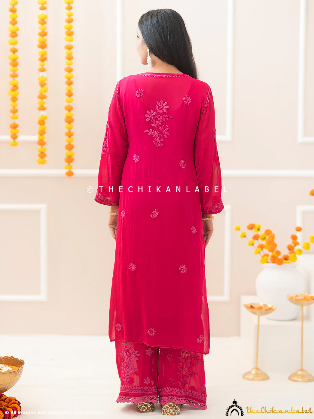 Noor-E-Chikan Hot Pink Viscose Chikankari Kurta Set - Image 3