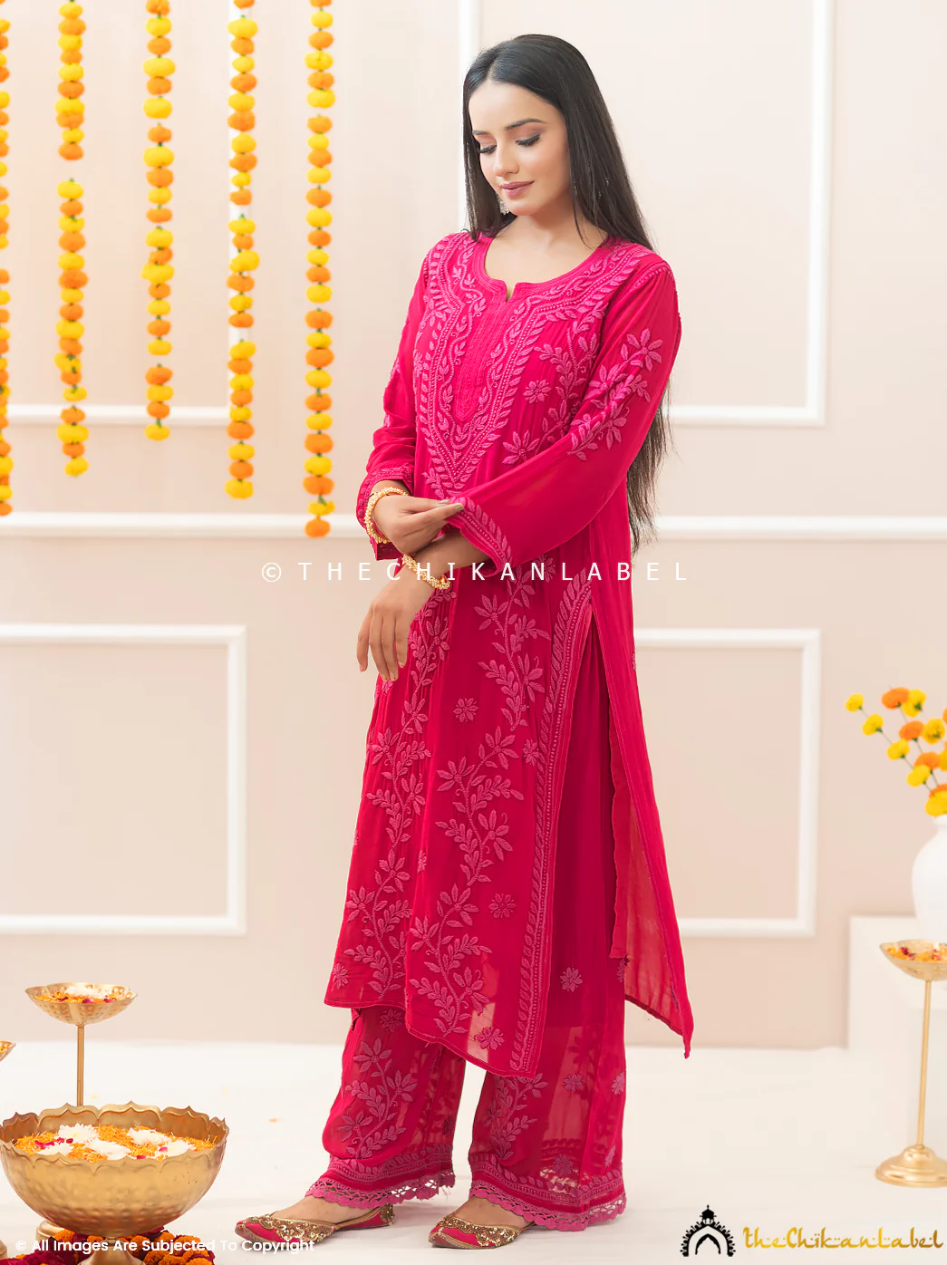 Noor-E-Chikan Hot Pink Viscose Chikankari Kurta Set - Image 6