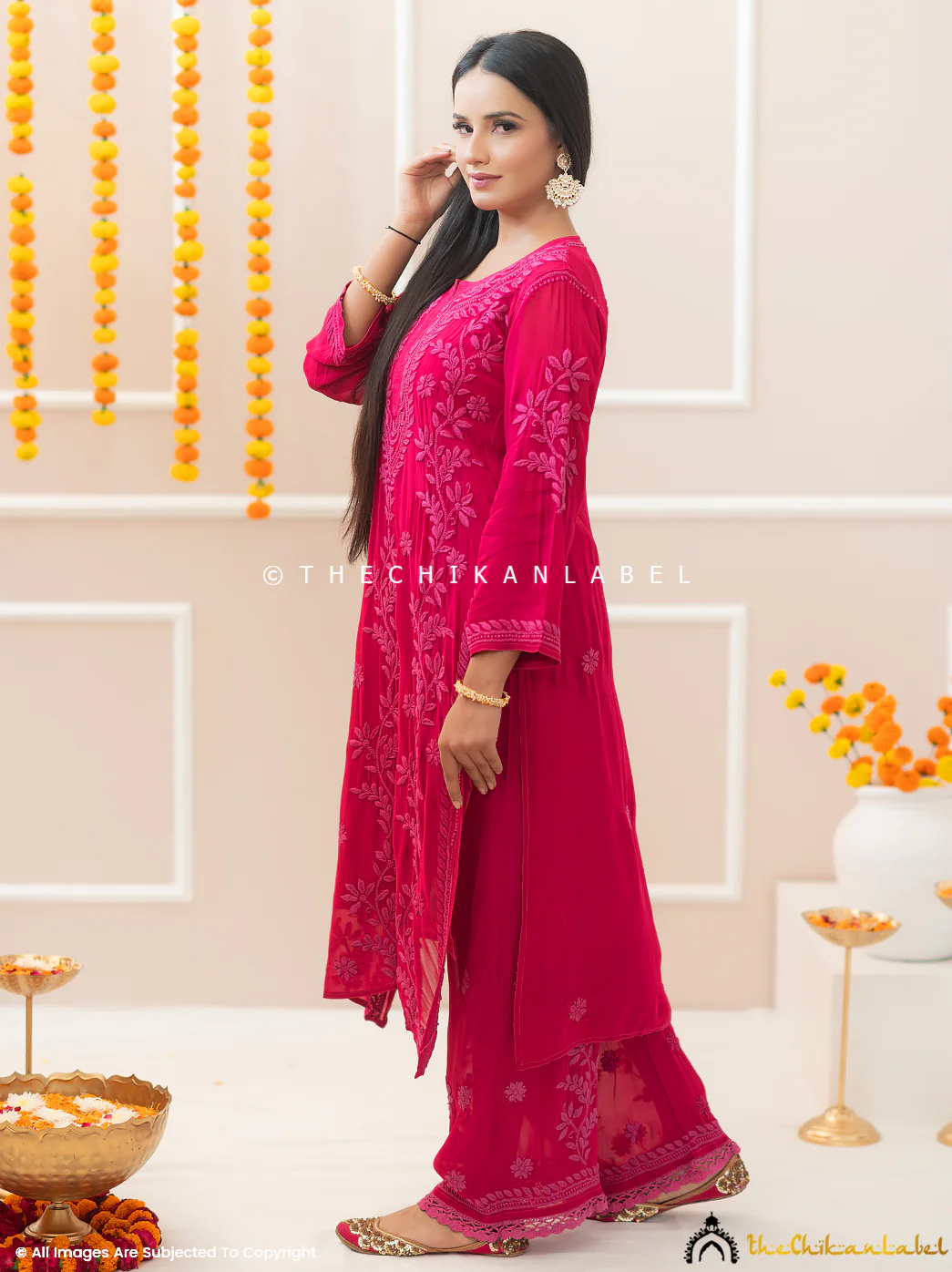 Noor-E-Chikan Hot Pink Viscose Chikankari Kurta Set - Image 9