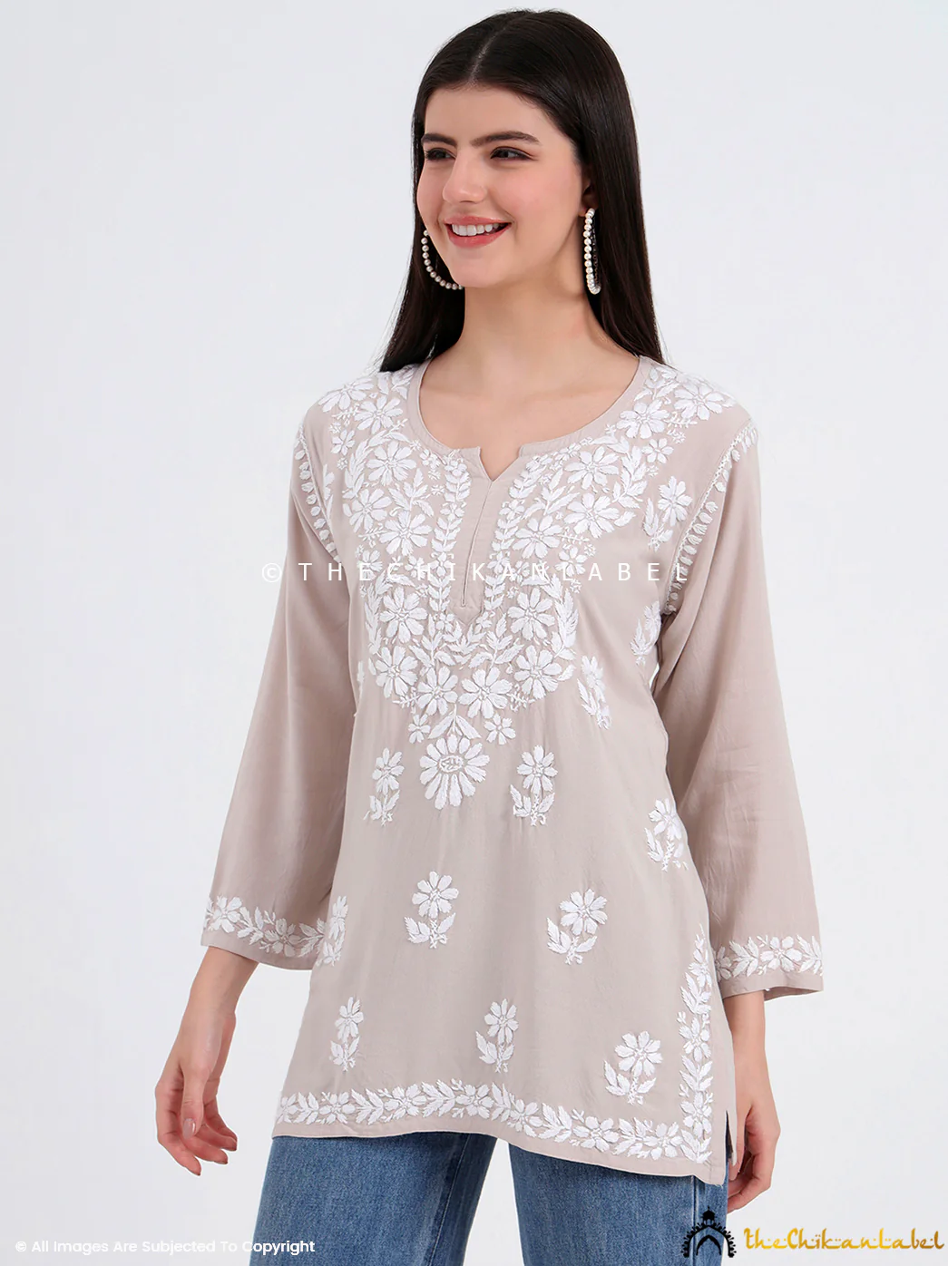 Ruzina Rayon Chikankari Short Top - Nude - Image 4