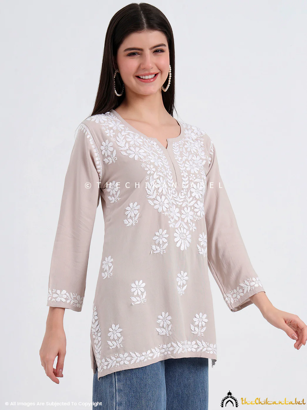 Ruzina Rayon Chikankari Short Top - Nude - Image 5