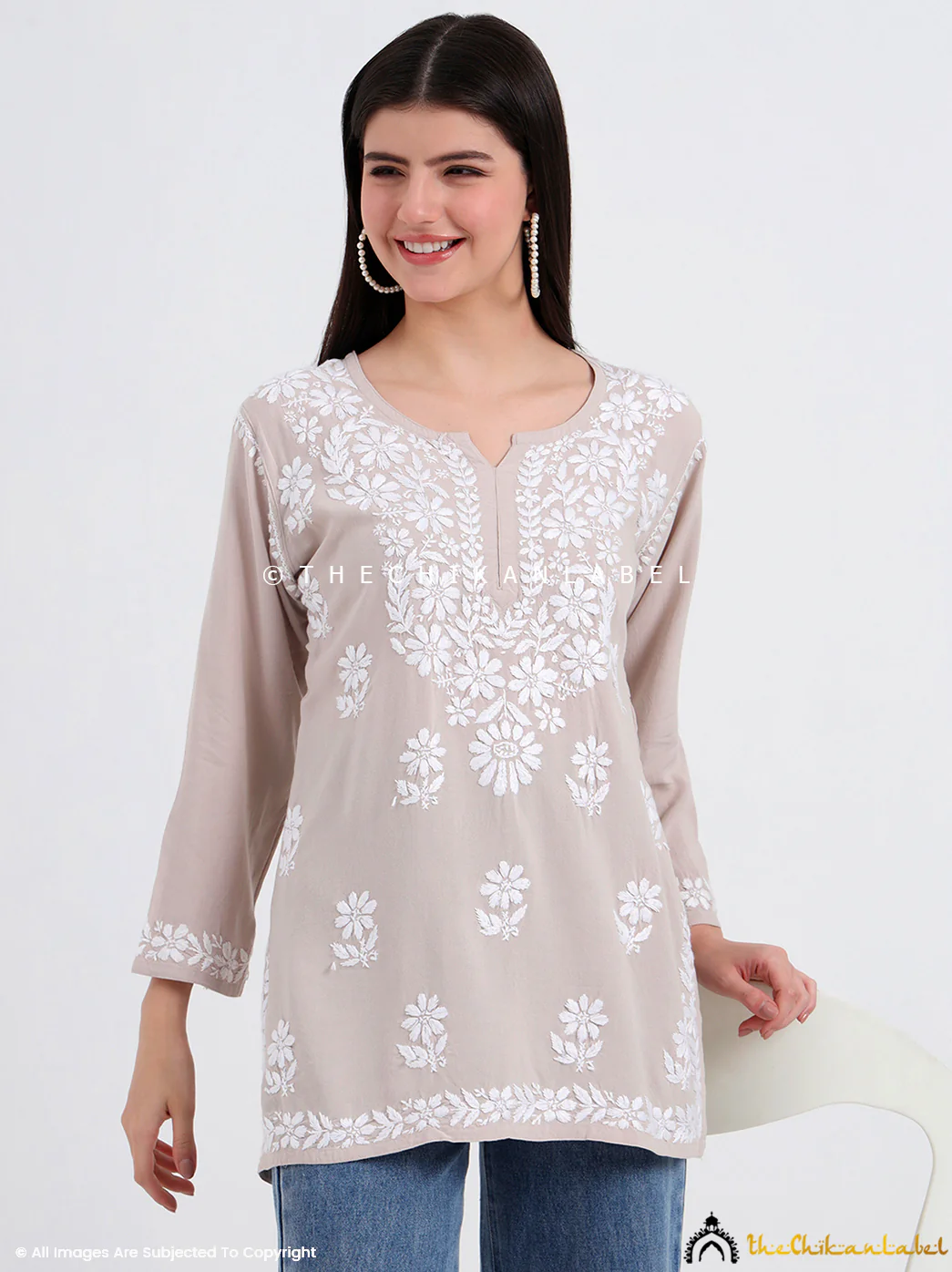 Ruzina Rayon Chikankari Short Top - Nude - Image 6