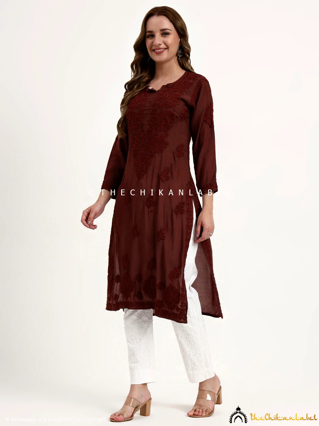 Oishi Muslin Chikankari Straight Kurti - Choco - Image 4