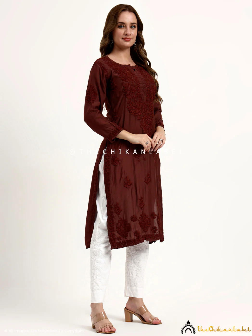 Oishi Muslin Chikankari Straight Kurti - Choco - Image 5