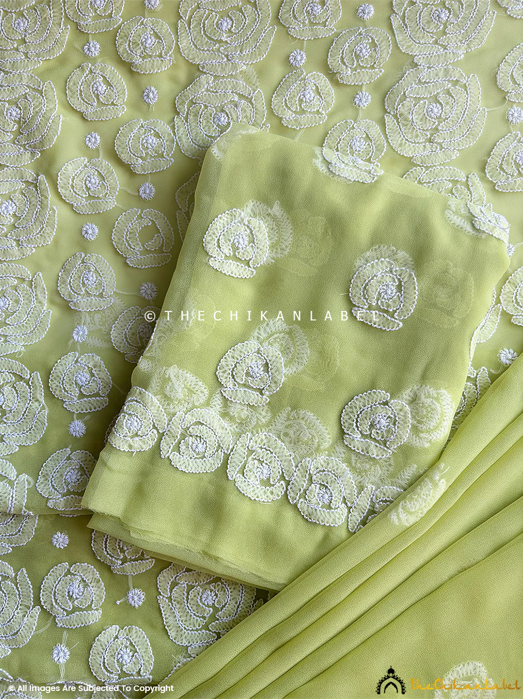 Ishanvi Georgette Chikankari Un-Stitched Suit with Dupatta-Olive Green - Image 3