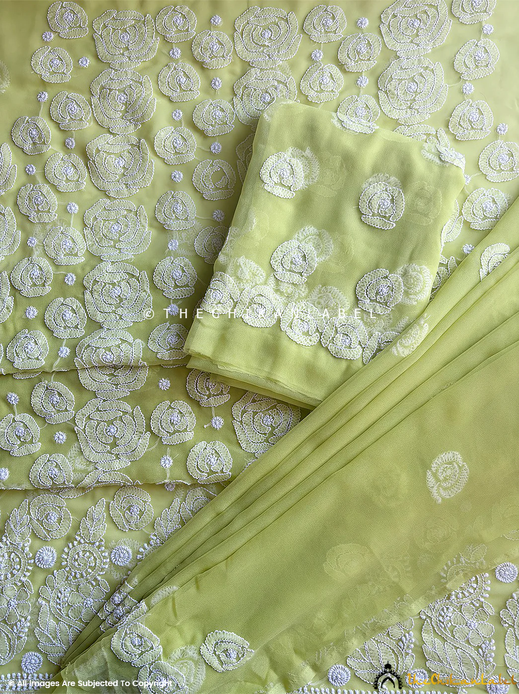 Ishanvi Georgette Chikankari Un-Stitched Suit with Dupatta-Olive Green - Image 5