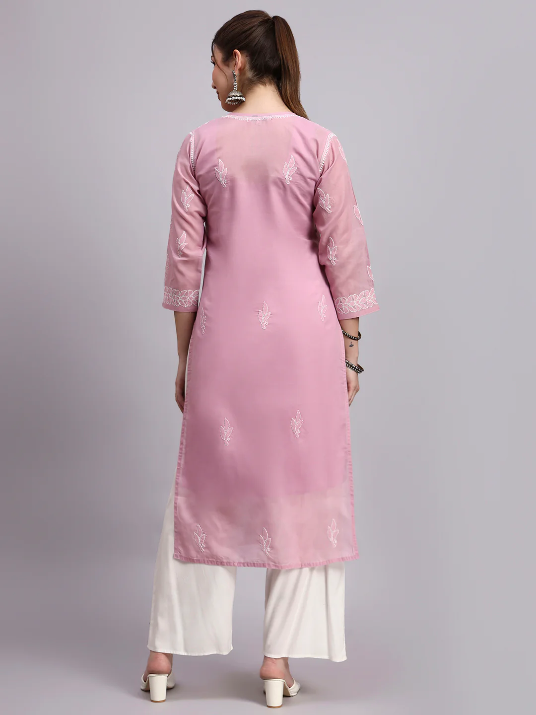 Onion Pink Layla Cotton Chikankari Straight Kurti with inner - Image 3