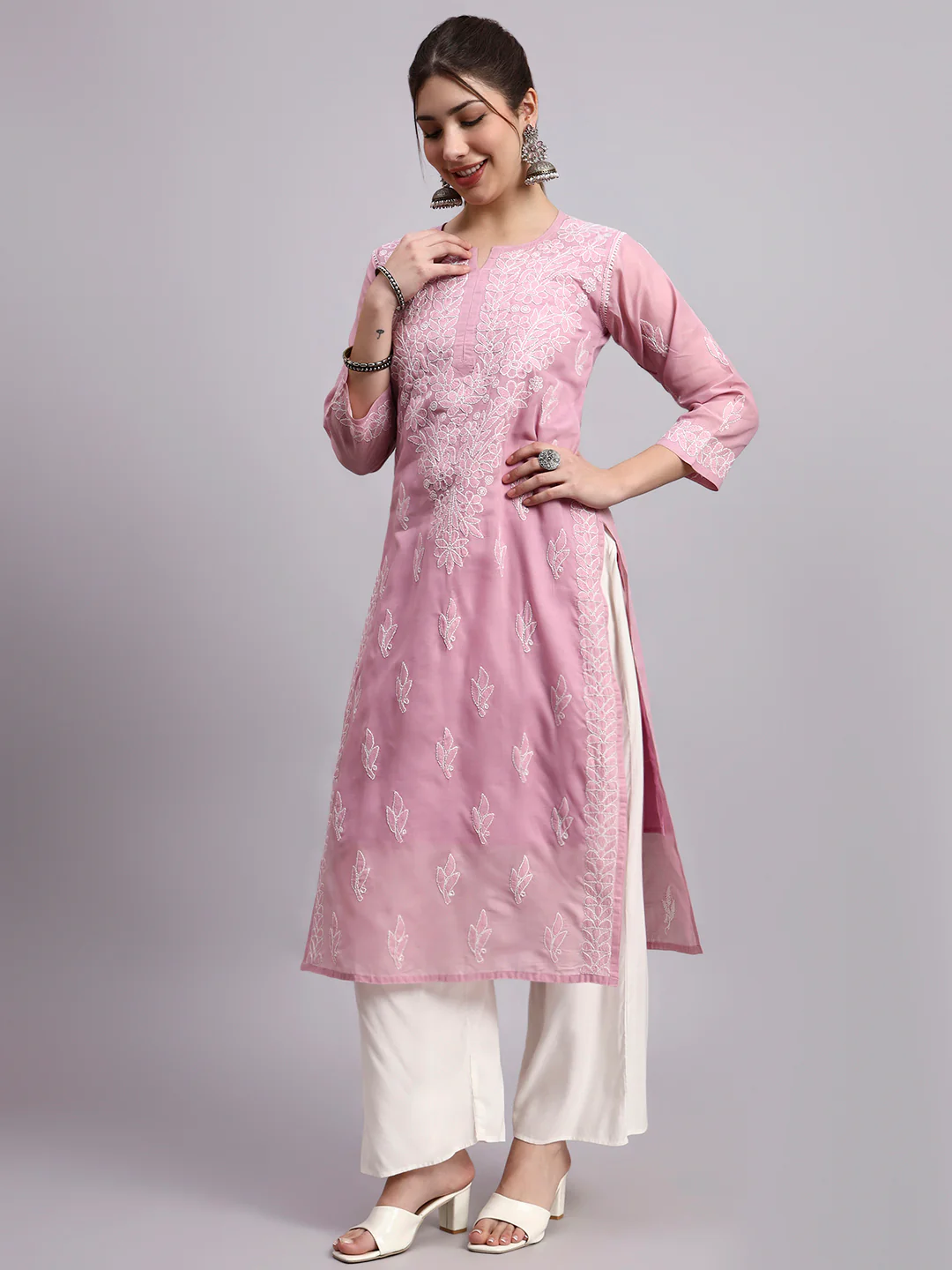 Onion Pink Layla Cotton Chikankari Straight Kurti with inner - Image 4