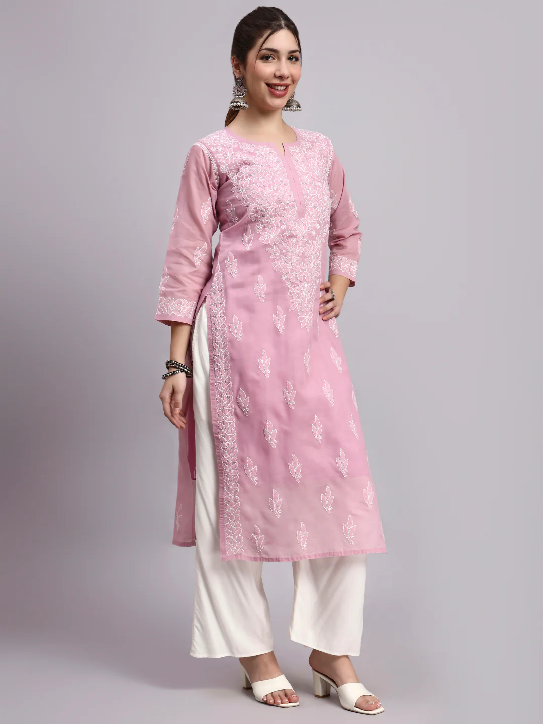 Onion Pink Layla Cotton Chikankari Straight Kurti with inner - Image 5