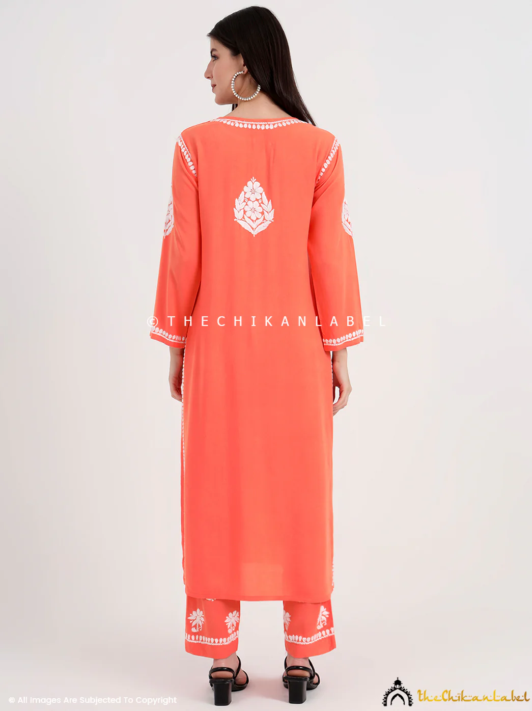 Amani Rayon Chikankari Kurti Palazzo Set - Orange - Image 3