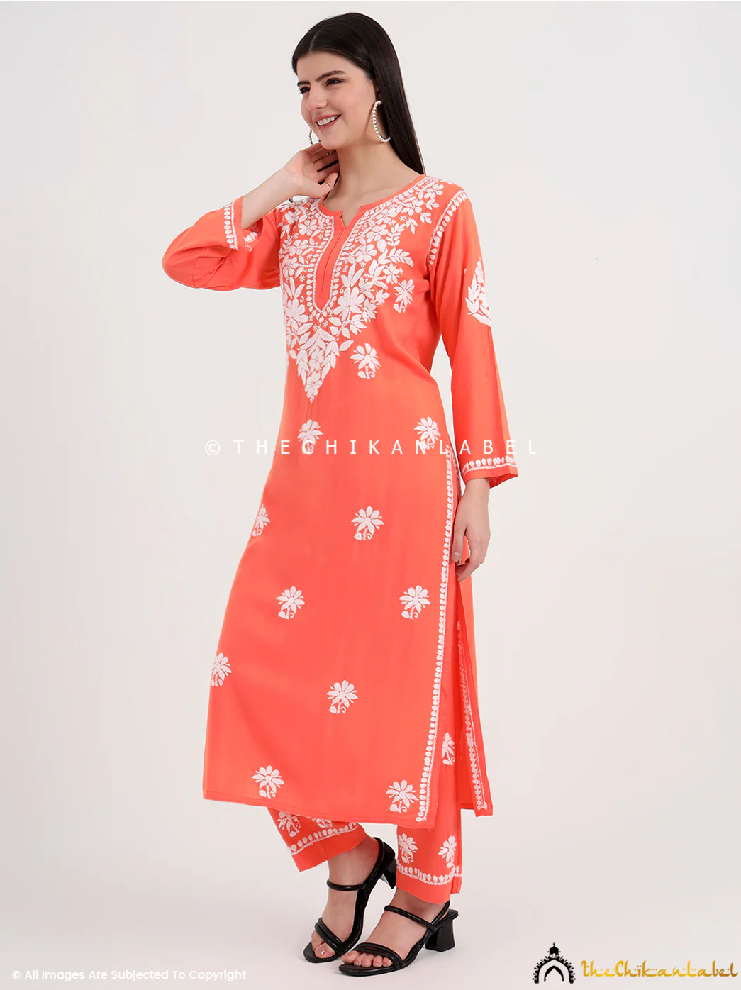 Amani Rayon Chikankari Kurti Palazzo Set - Orange - Image 4