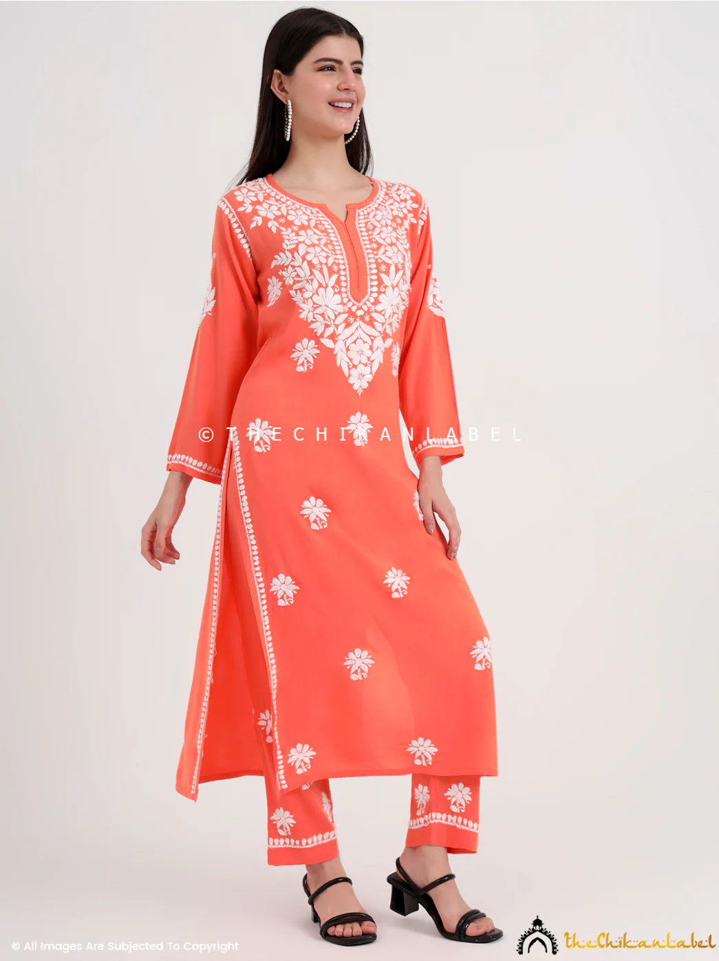 Amani Rayon Chikankari Kurti Palazzo Set - Orange - Image 5