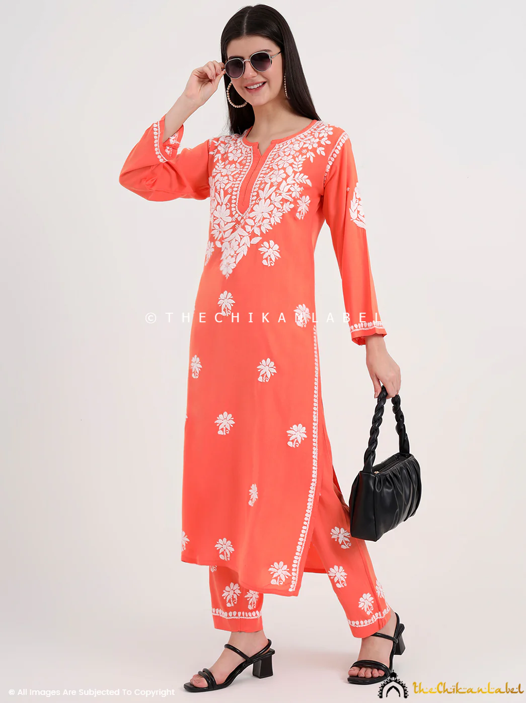 Amani Rayon Chikankari Kurti Palazzo Set - Orange - Image 6