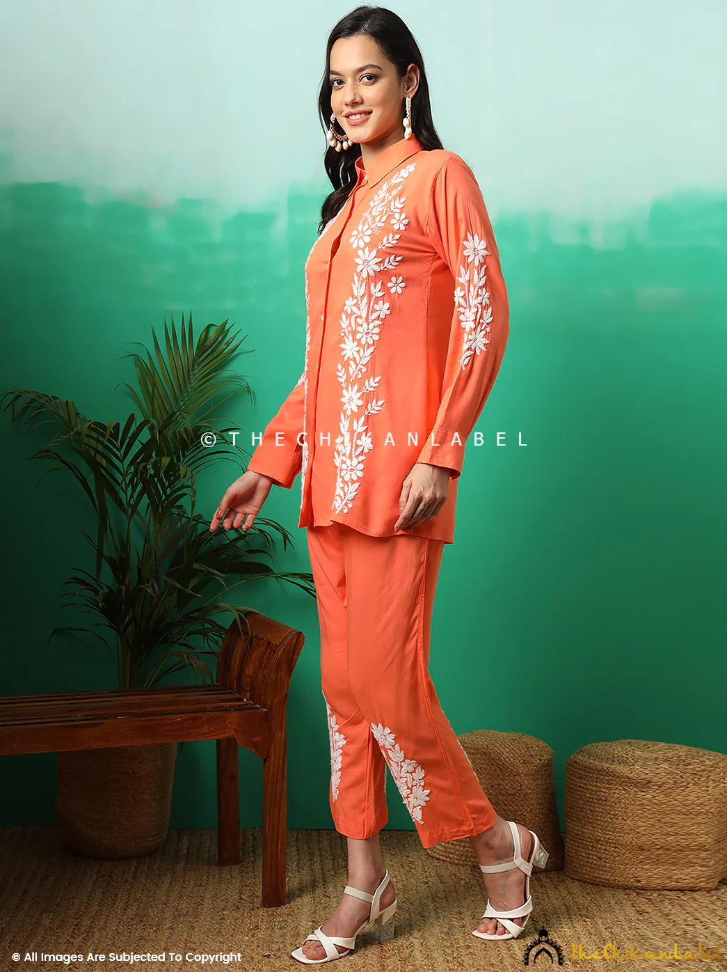 Anvika Rayon Chikankari Co-ord Set -Orange - Image 2