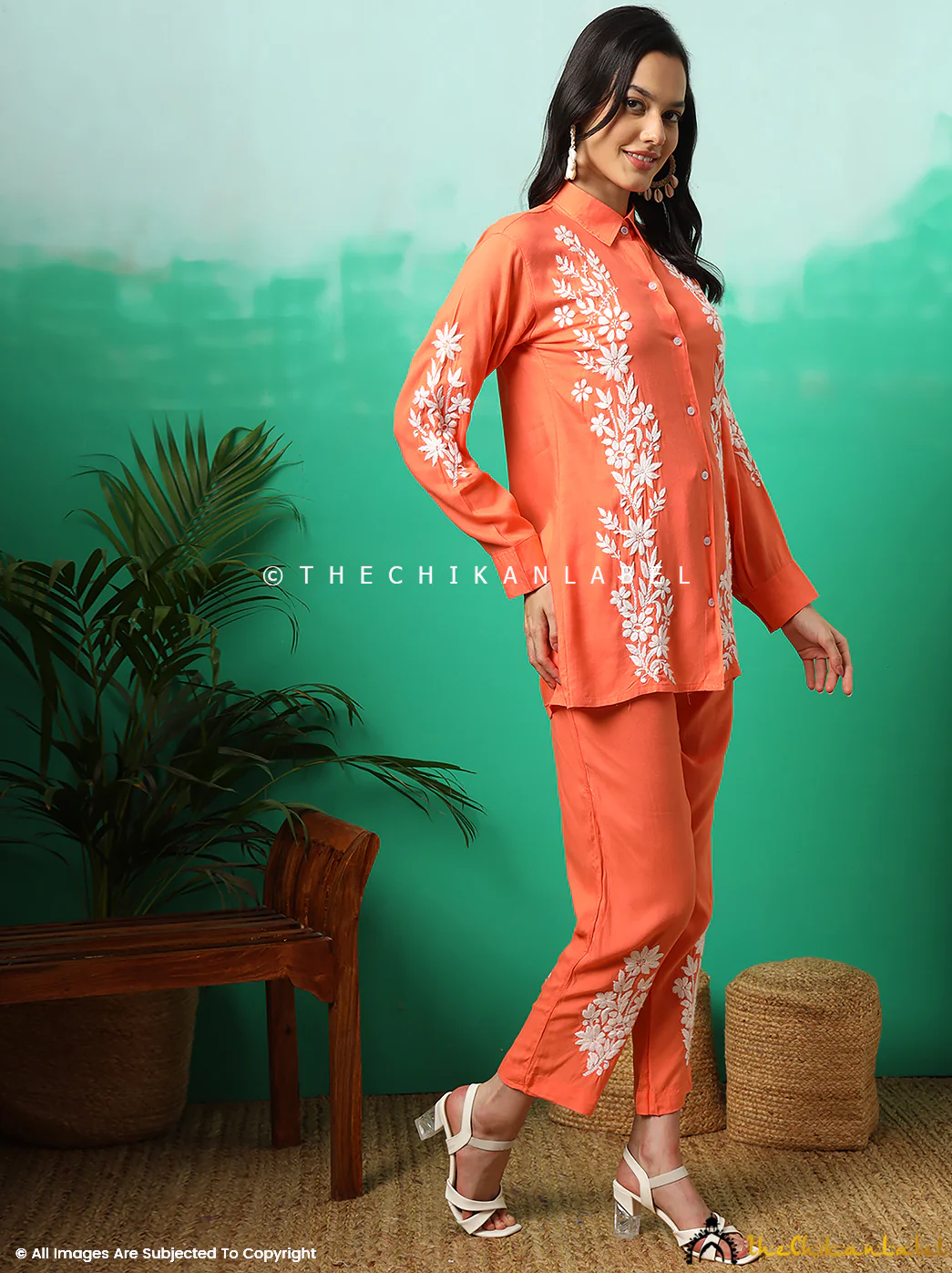 Anvika Rayon Chikankari Co-ord Set -Orange - Image 3