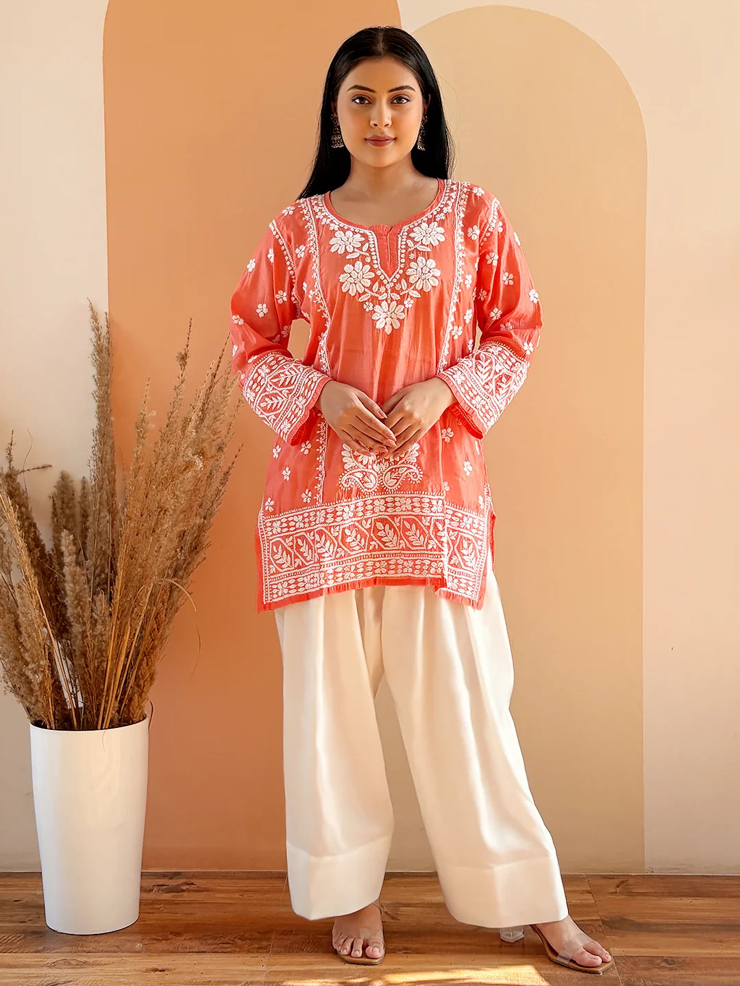 Orange Chanderi Chikankari Farshi Salwar Set - Image 3