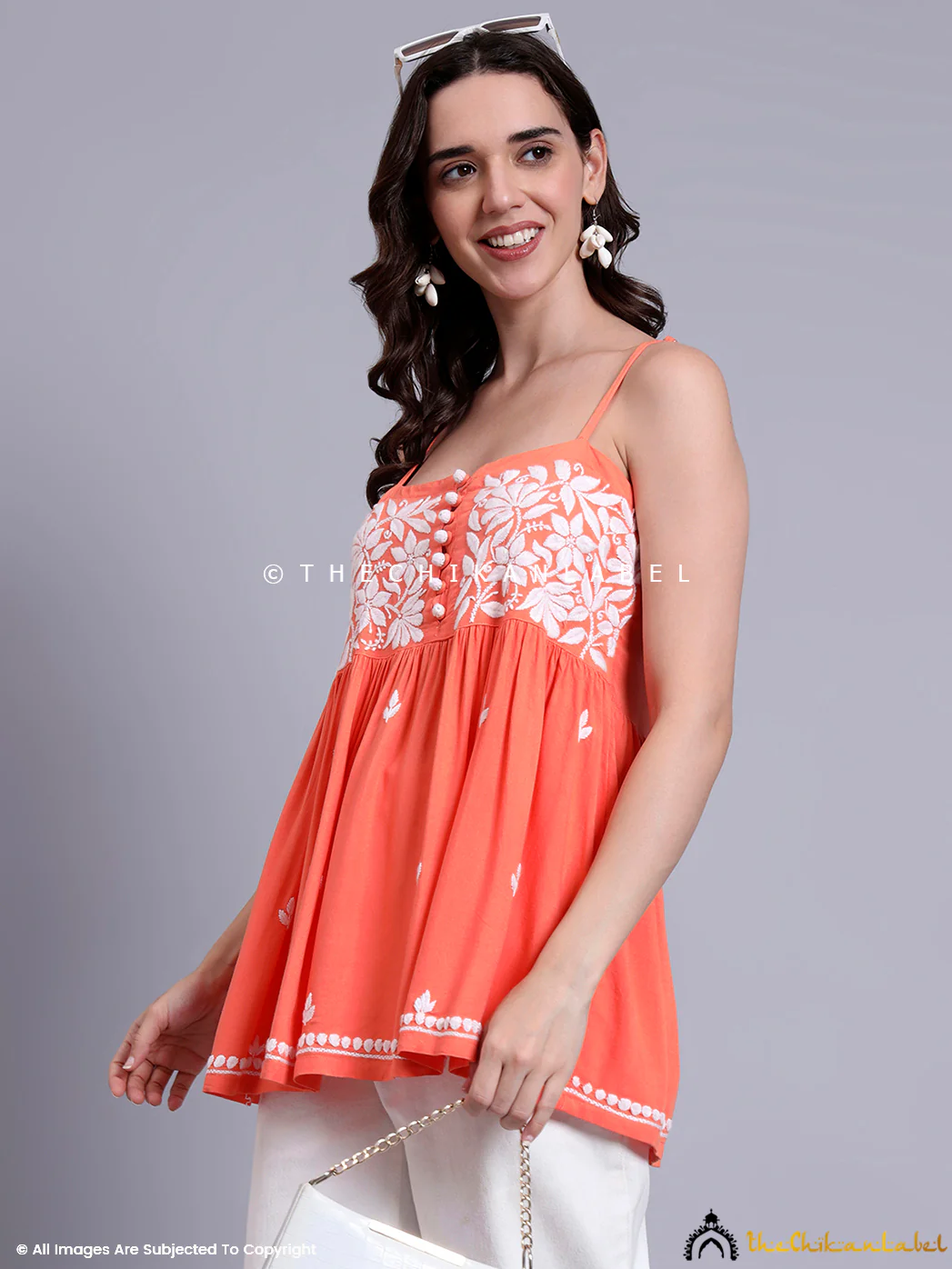 Hoor Modal Chikankari Short Strappy - Orange - Image 7