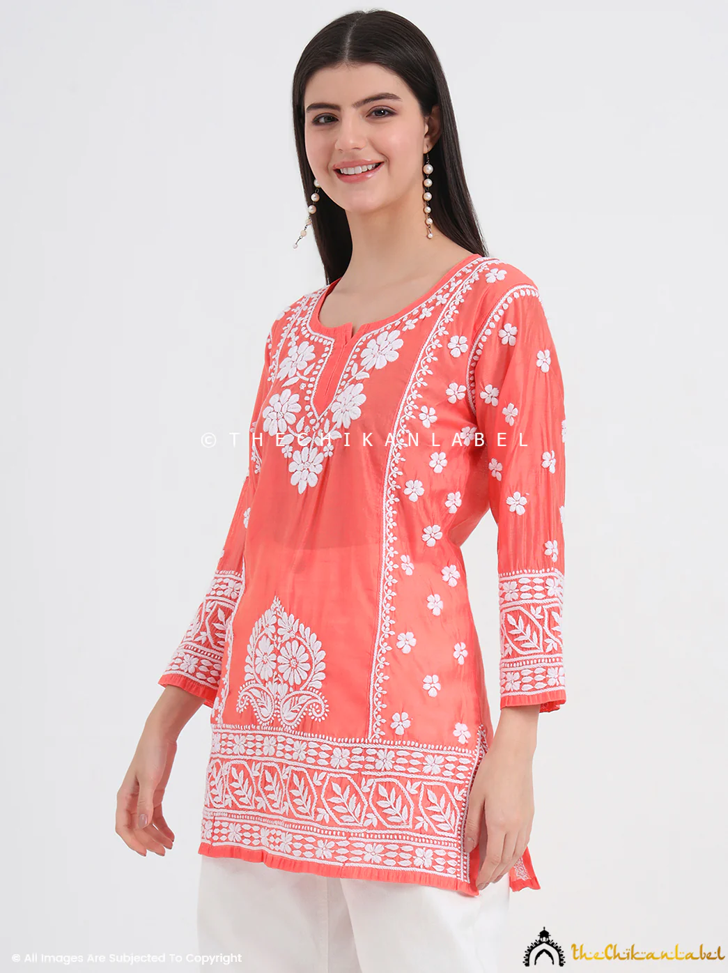 Idra Chanderi Chikankari Short Top - Orange - Image 3